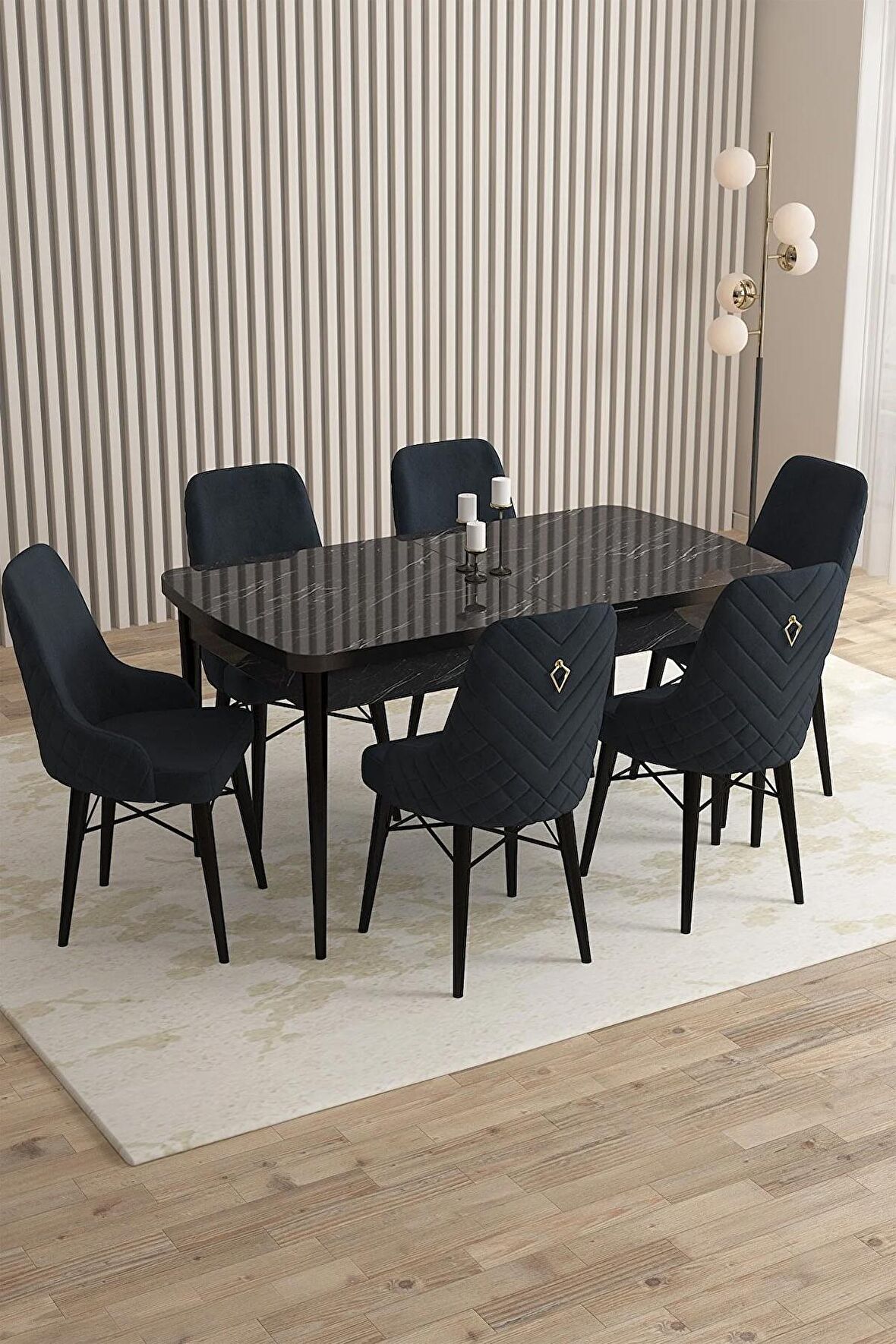 Rovena Queen Siyah Mermer 80x132 Açılabilir Suntalam Yemek Odası Takımı 6 Adet Sandalye