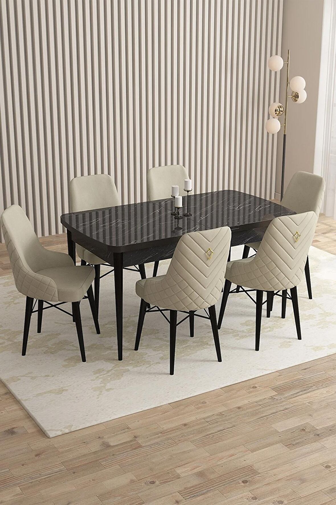 Rovena Queen Siyah Mermer 80x132 Açılabilir Suntalam Yemek Odası Takımı 6 Adet Sandalye