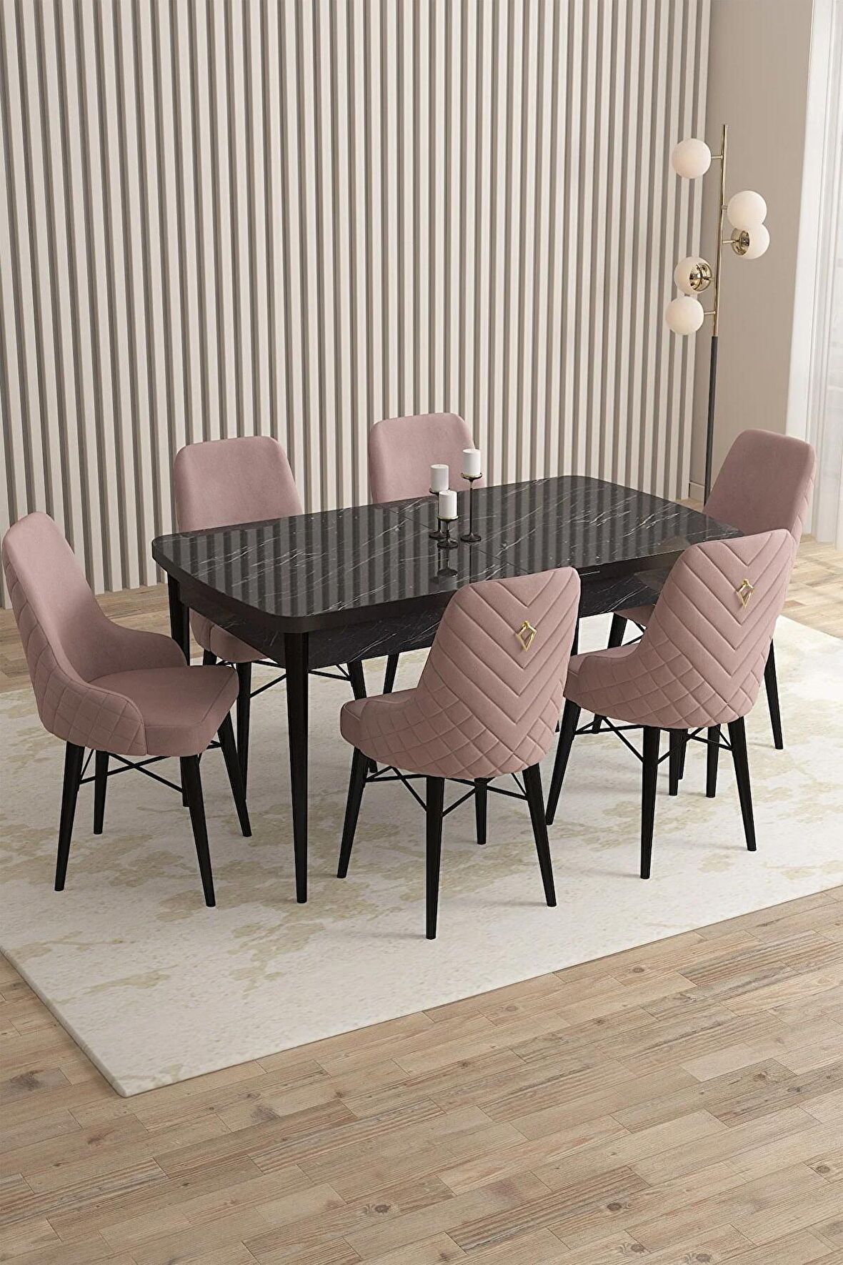 Rovena Queen Siyah Mermer 80x132 Açılabilir Suntalam Yemek Odası Takımı 6 Adet Sandalye