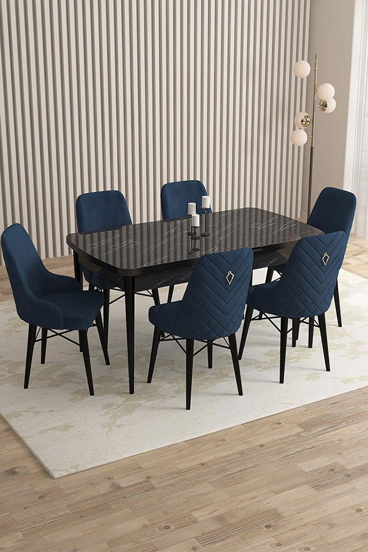 Rovena Queen Siyah Mermer 80x132 Açılabilir Suntalam Yemek Odası Takımı 6 Adet Sandalye