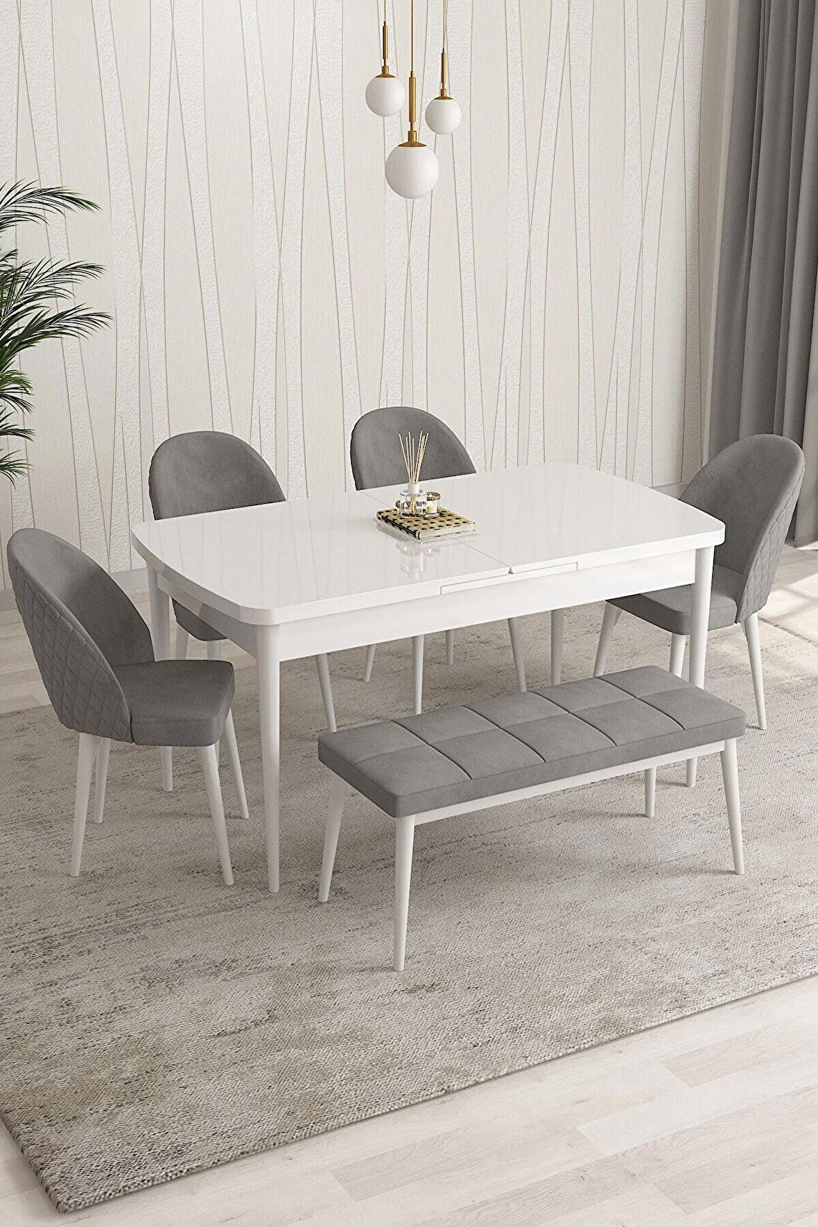 Rovena Modica Beyaz 80x132 Açılabilir Suntalam Yemek Odası Takımı 4 Adet Sandalye+1 Bench
