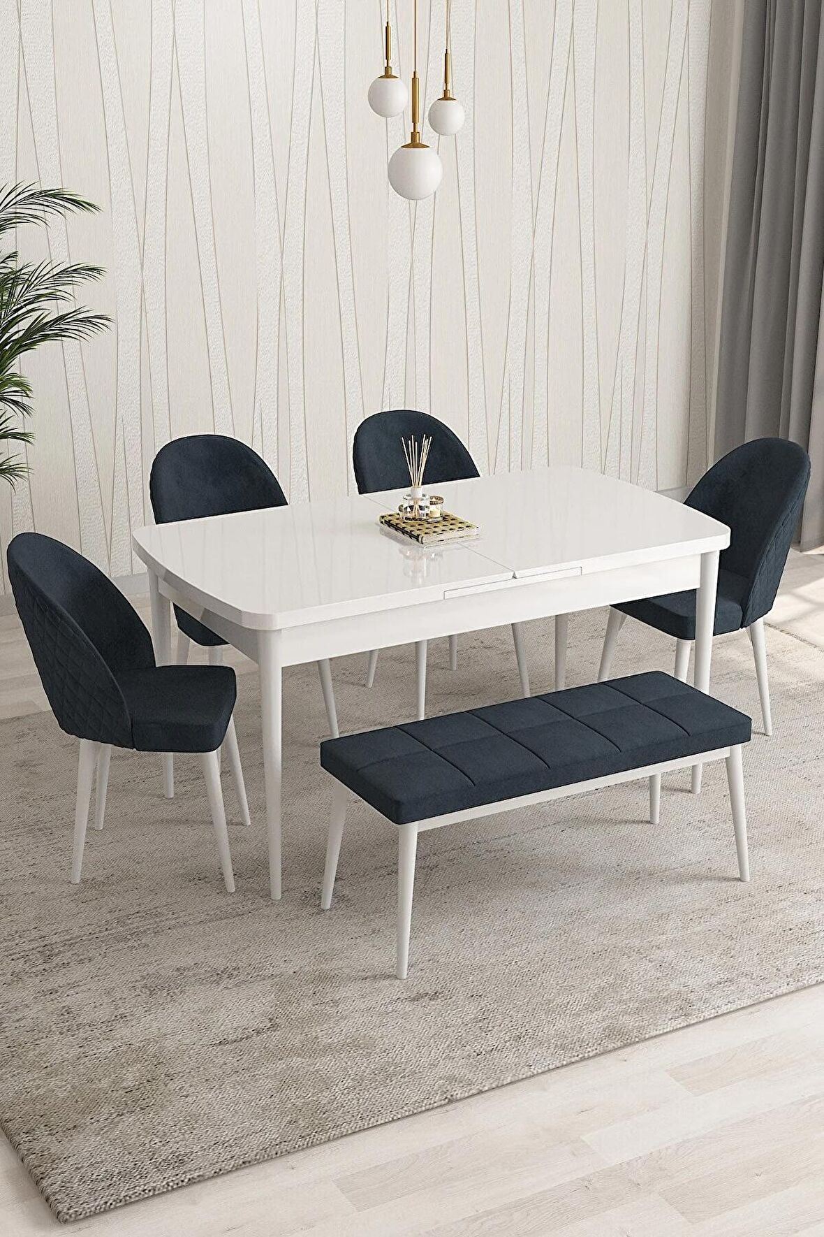 Rovena Modica Beyaz 80x132 Açılabilir Suntalam Yemek Odası Takımı 4 Adet Sandalye+1 Bench