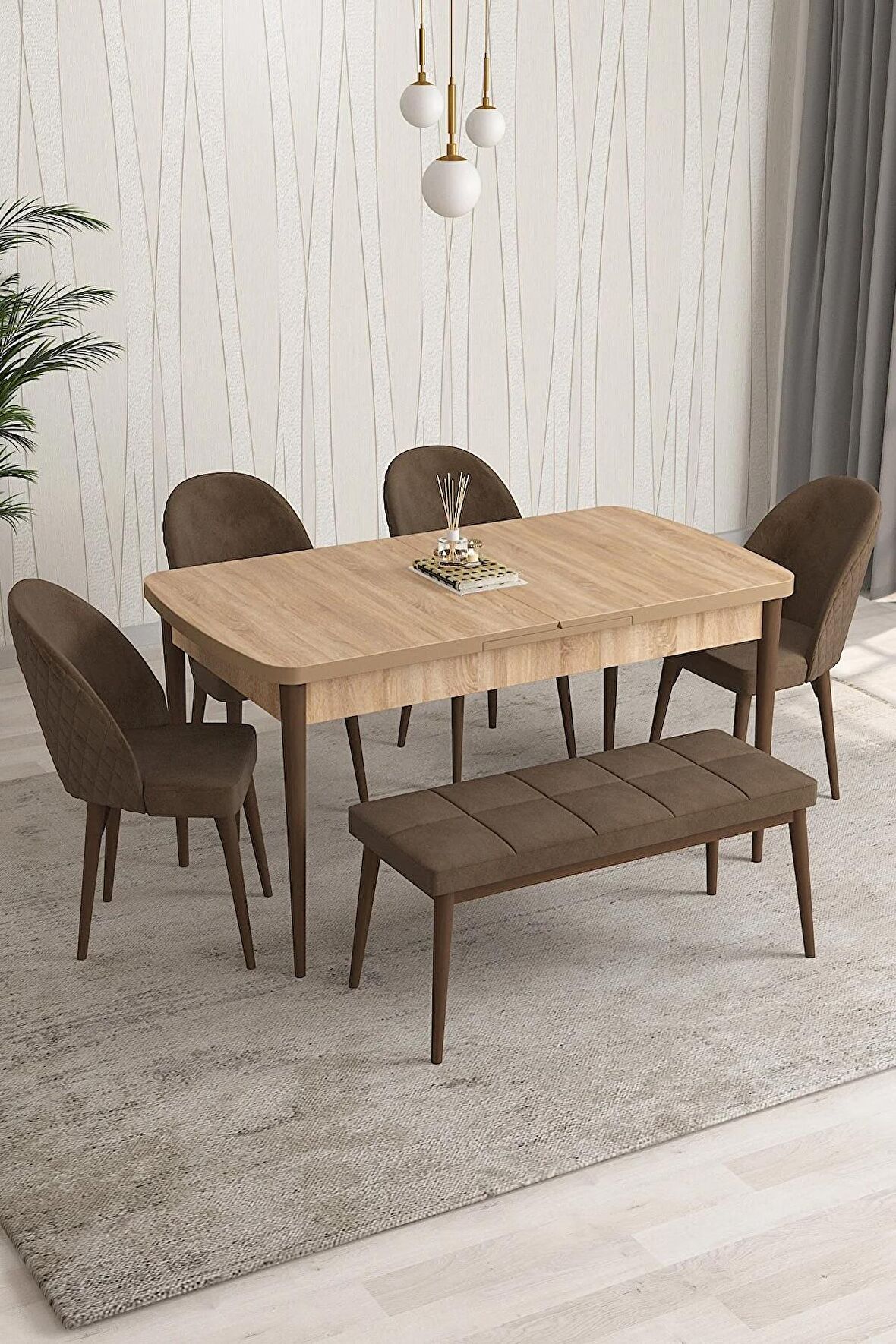 Rovena Modica Meşe 80x132 Açılabilir Suntalam Yemek Odası Takımı 4 Adet Sandalye+1 Bench