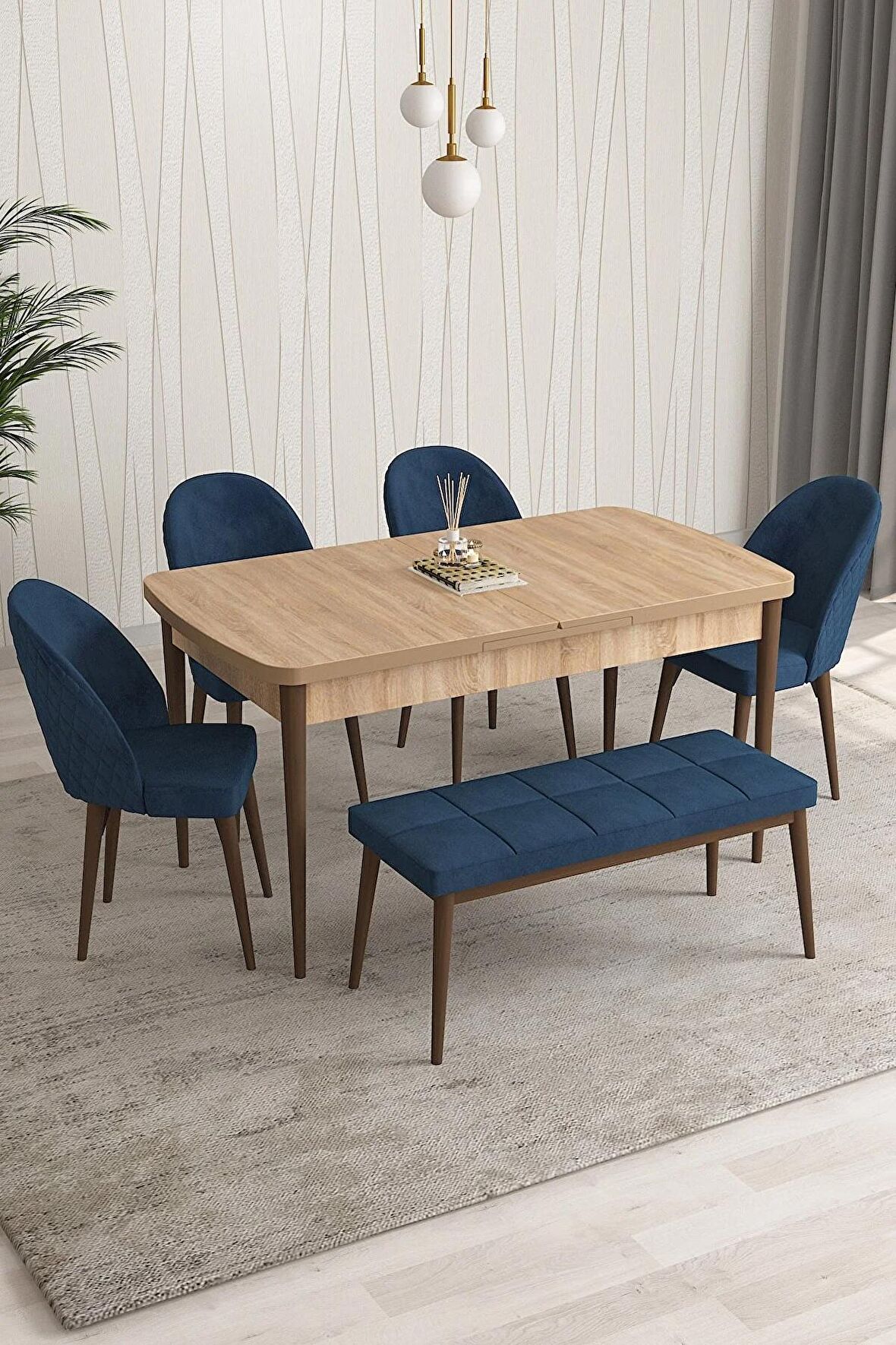 Rovena Modica Meşe 80x132 Açılabilir Suntalam Yemek Odası Takımı 4 Adet Sandalye+1 Bench