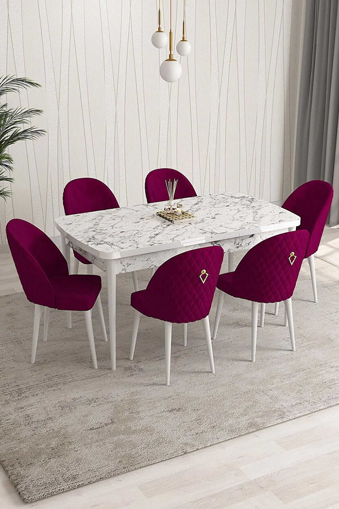 Rovena Modica Beyaz Mermer 80x132 Açılabilir Suntalam Yemek Odası Takımı 4 Adet Sandalye+1 Bench