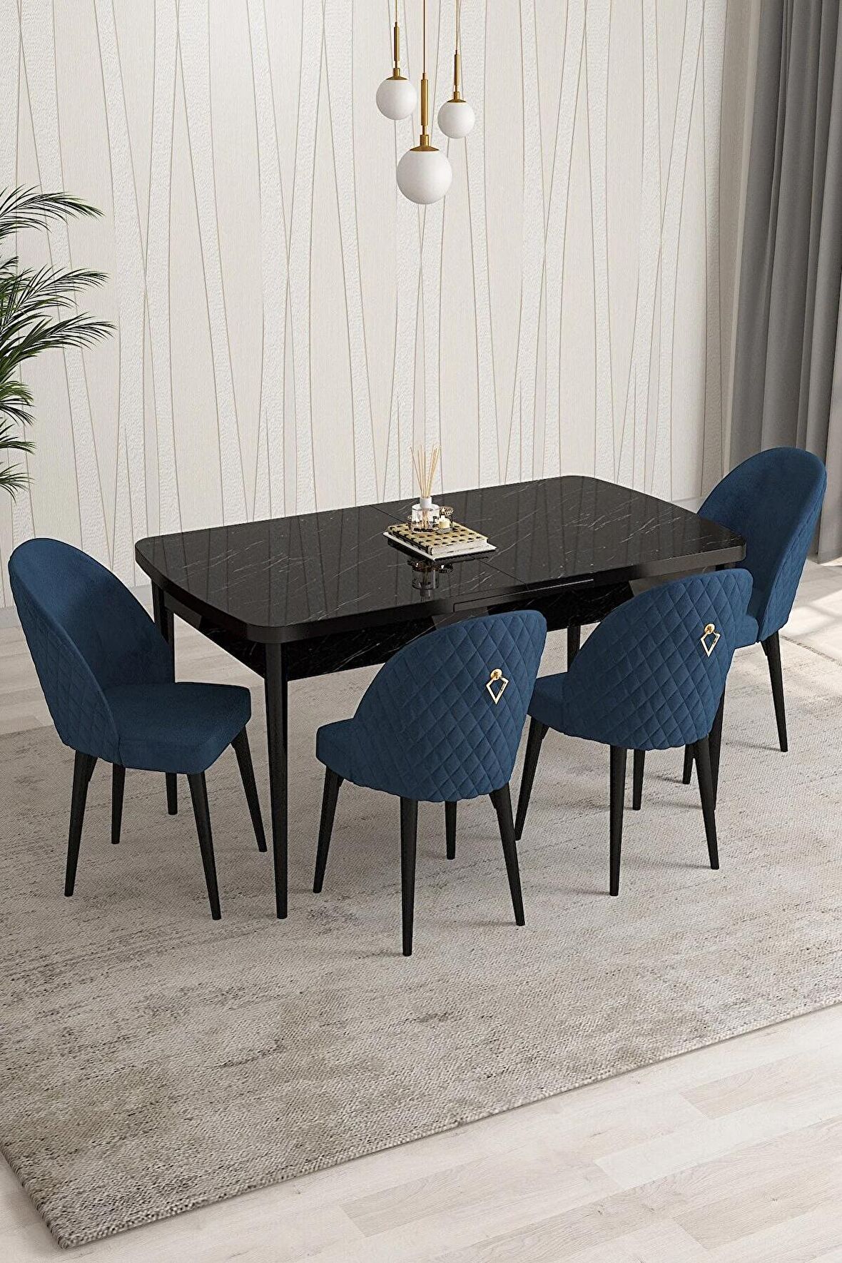 Rovena Modica Siyah Mermer 80x132 Açılabilir Suntalam Yemek Odası Takımı 4 Adet Sandalye