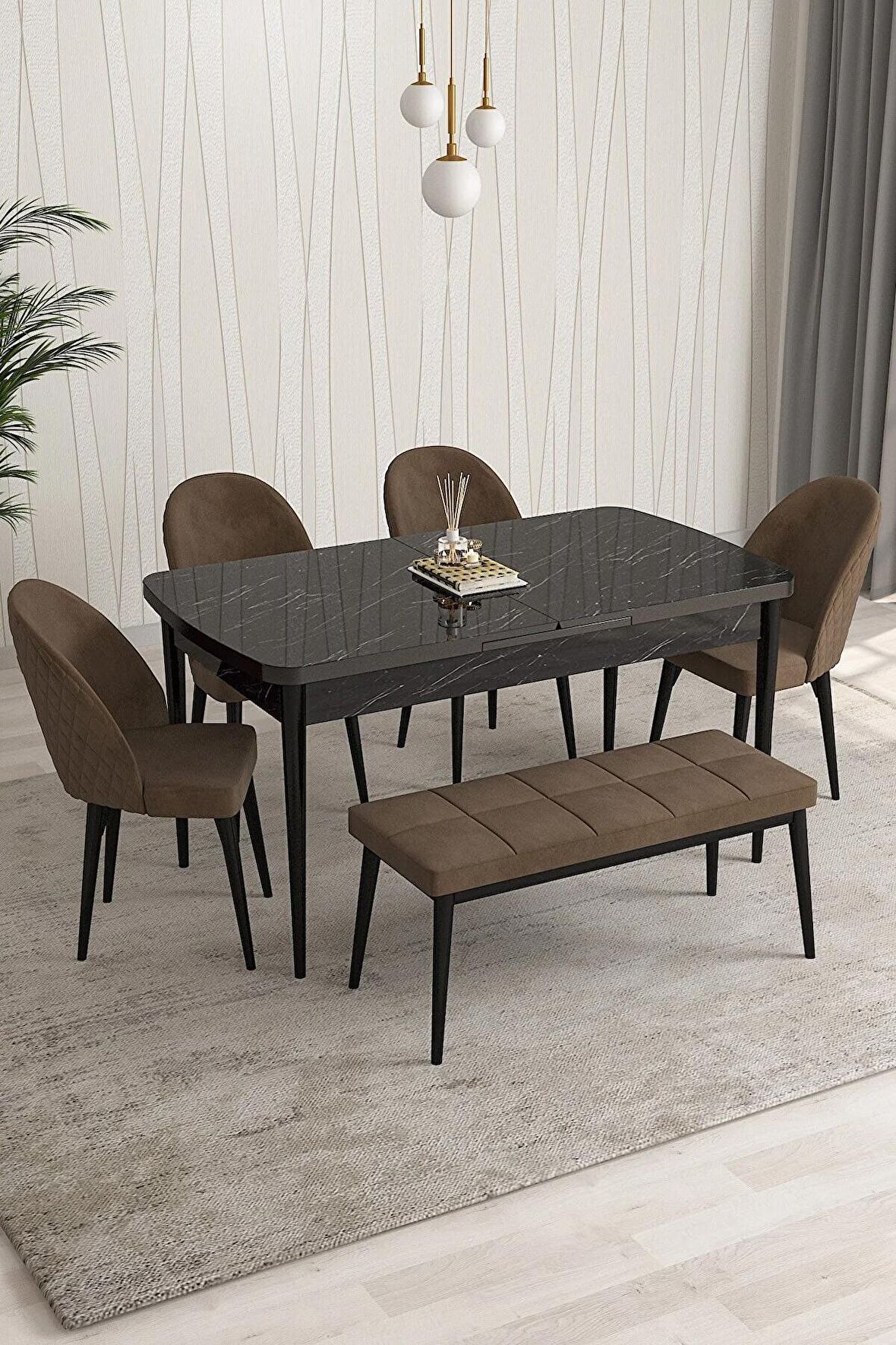 Rovena Modica Siyah Mermer 80x132 Açılabilir Suntalam Yemek Odası Takımı 4 Adet Sandalye+1 Bench