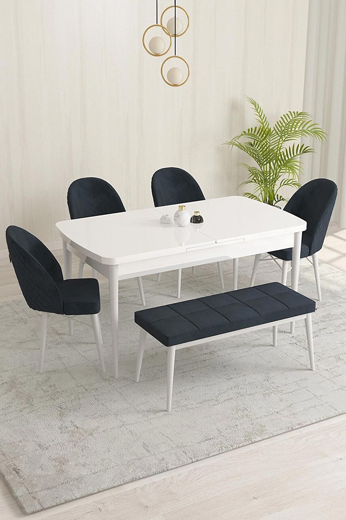 Rovena Olbia Beyaz 80x132 Açılabilir Suntalam Yemek Odası Takımı 4 Adet Sandalye+1 Bench
