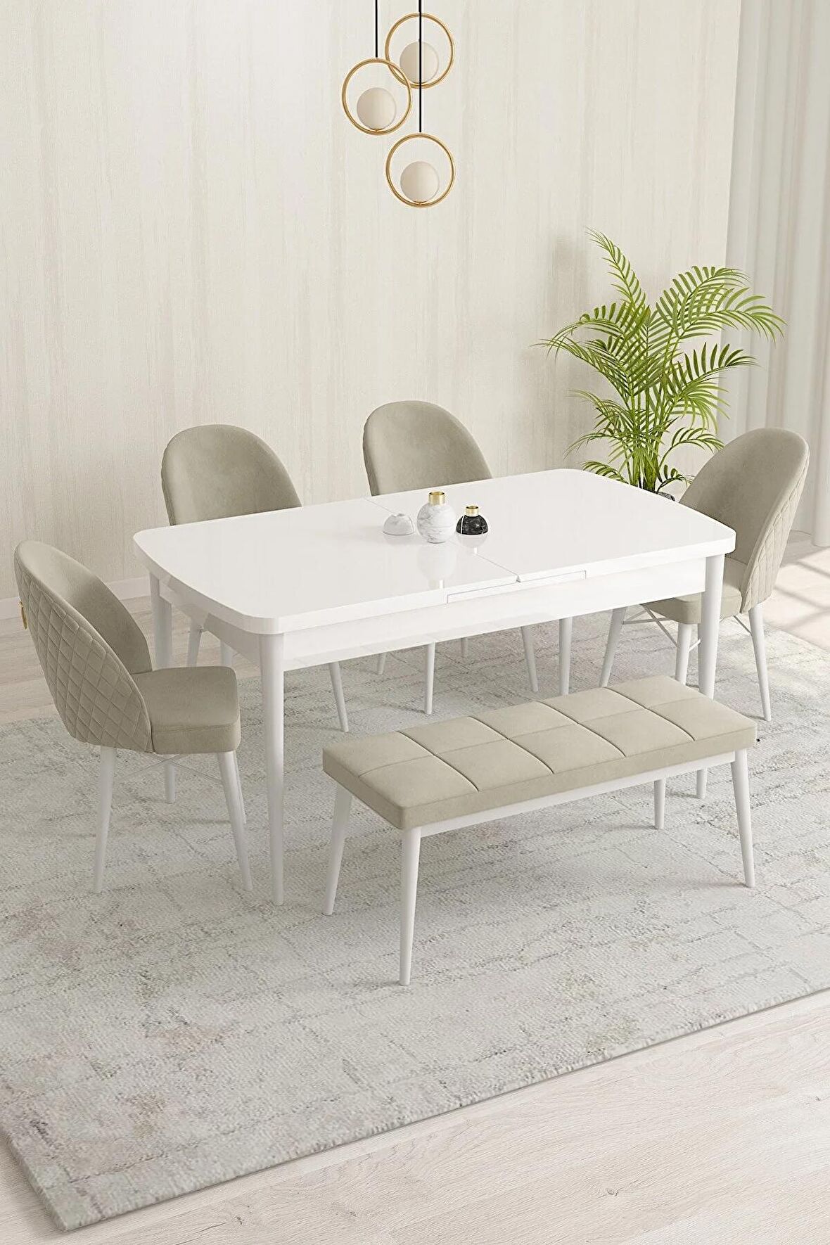 Rovena Olbia Beyaz 80x132 Açılabilir Suntalam Yemek Odası Takımı 4 Adet Sandalye+1 Bench