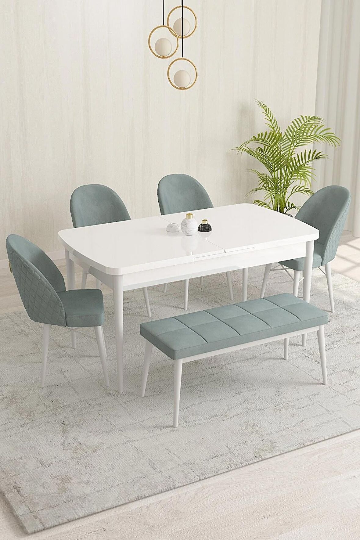Rovena Olbia Beyaz 80x132 Açılabilir Suntalam Yemek Odası Takımı 4 Adet Sandalye+1 Bench