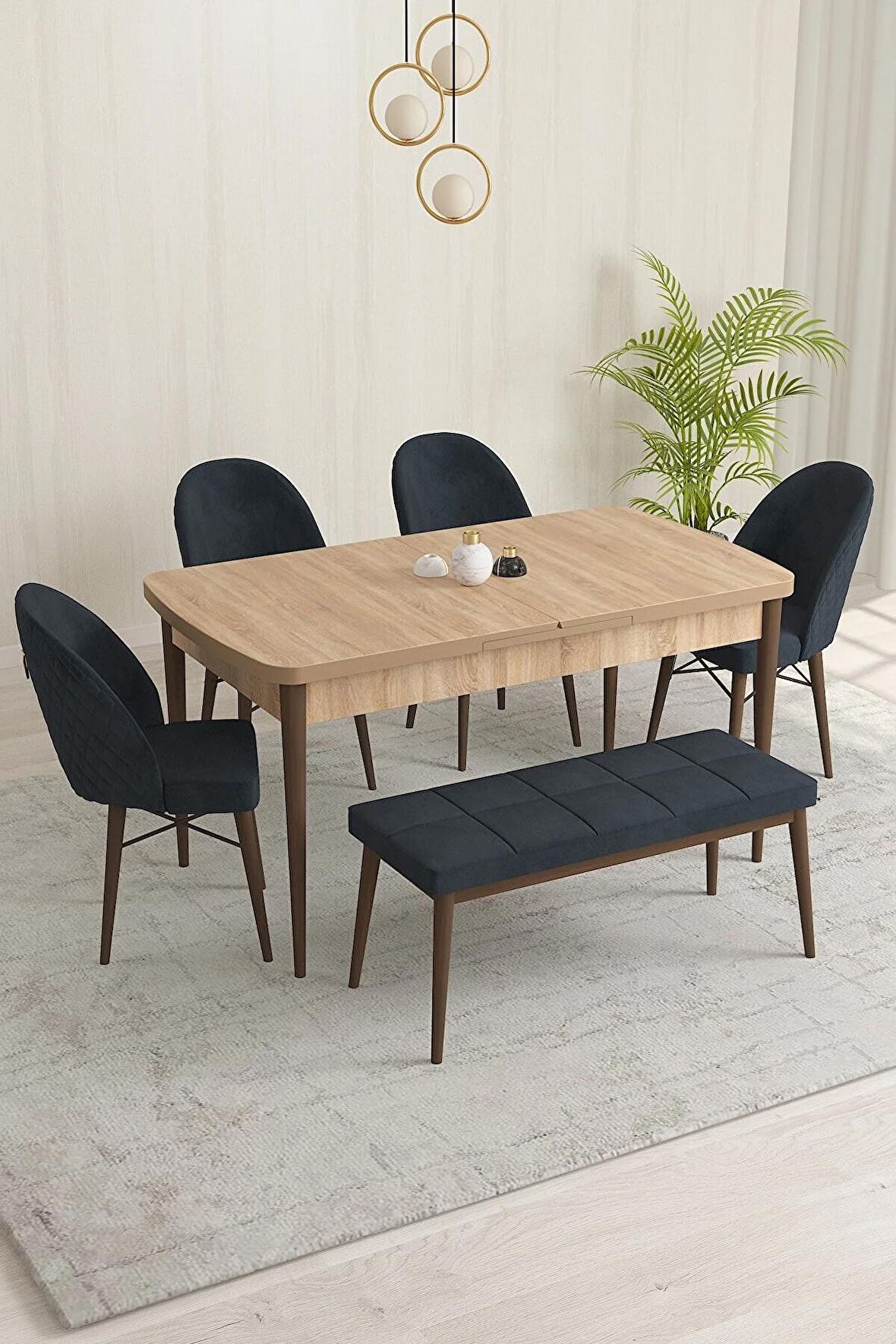 Rovena Olbia Meşe 80x132 Açılabilir Suntalam Yemek Odası Takımı 4 Adet Sandalye+1 Bench