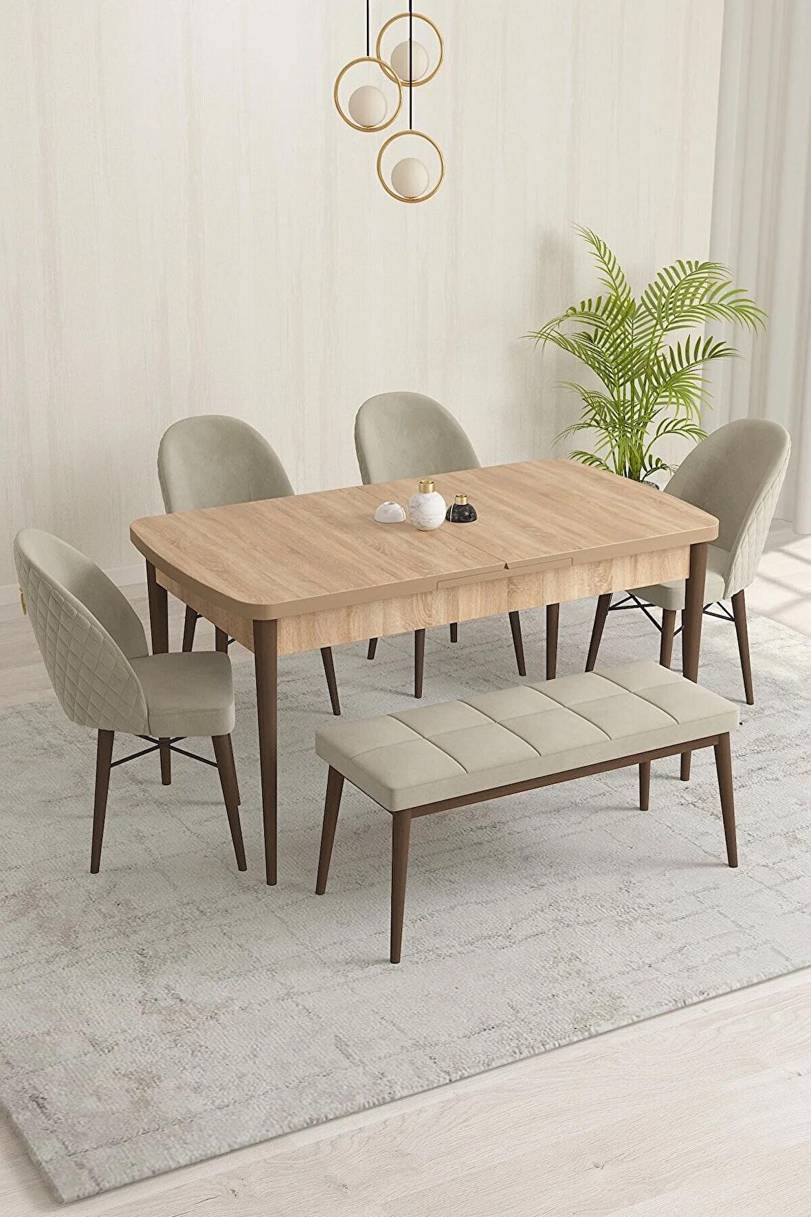 Rovena Olbia Meşe 80x132 Açılabilir Suntalam Yemek Odası Takımı 4 Adet Sandalye+1 Bench