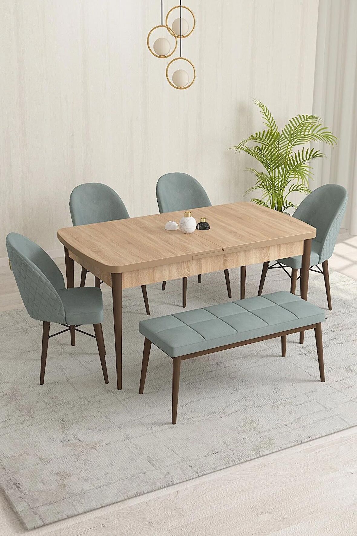 Rovena Olbia Meşe 80x132 Açılabilir Suntalam Yemek Odası Takımı 4 Adet Sandalye+1 Bench