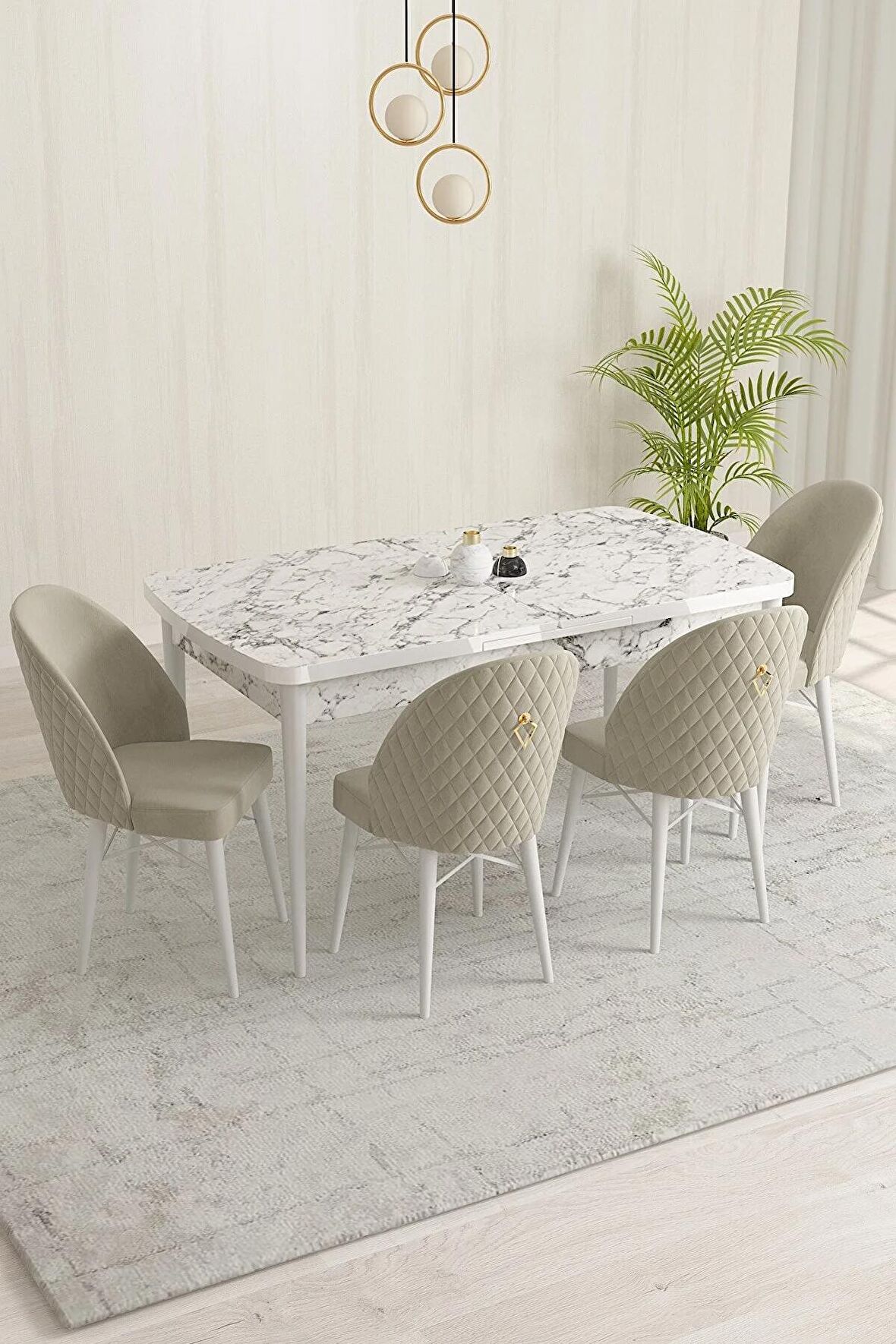 Rovena Olbia Beyaz Mermer 80x132 Açılabilir Suntalam Yemek Odası Takımı 4 Adet Sandalye