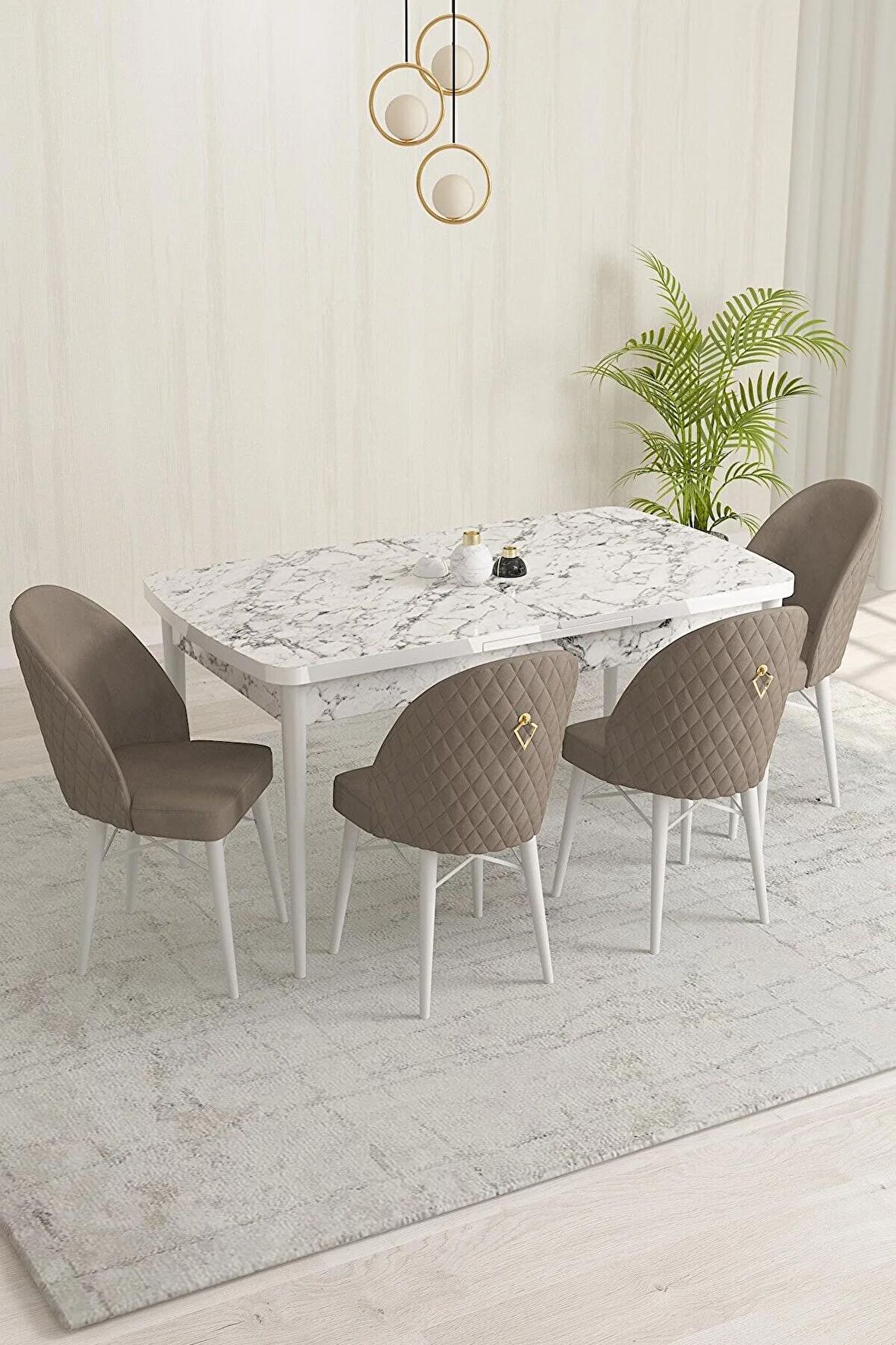 Rovena Olbia Beyaz Mermer 80x132 Açılabilir Suntalam Yemek Odası Takımı 4 Adet Sandalye