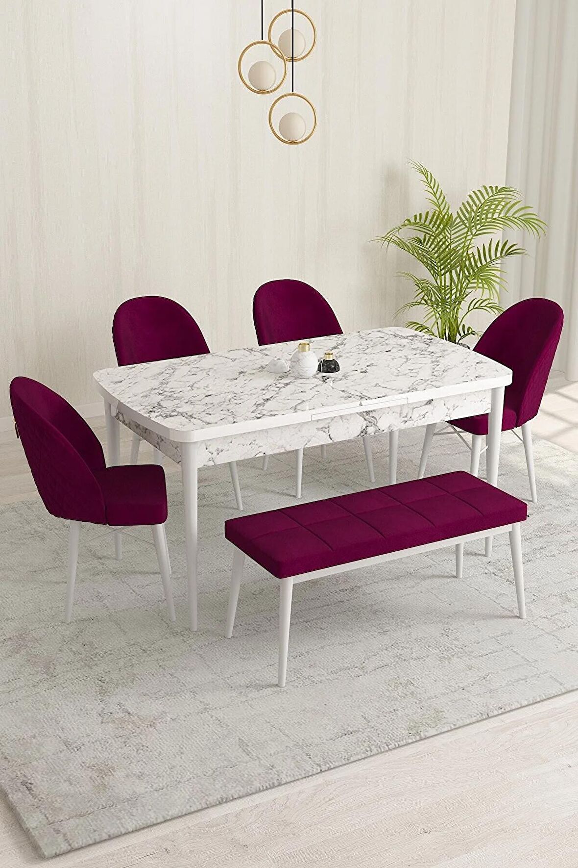 Rovena Olbia Beyaz Mermer 80x132 Açılabilir Suntalam Yemek Odası Takımı 4 Adet Sandalye+1 Bench