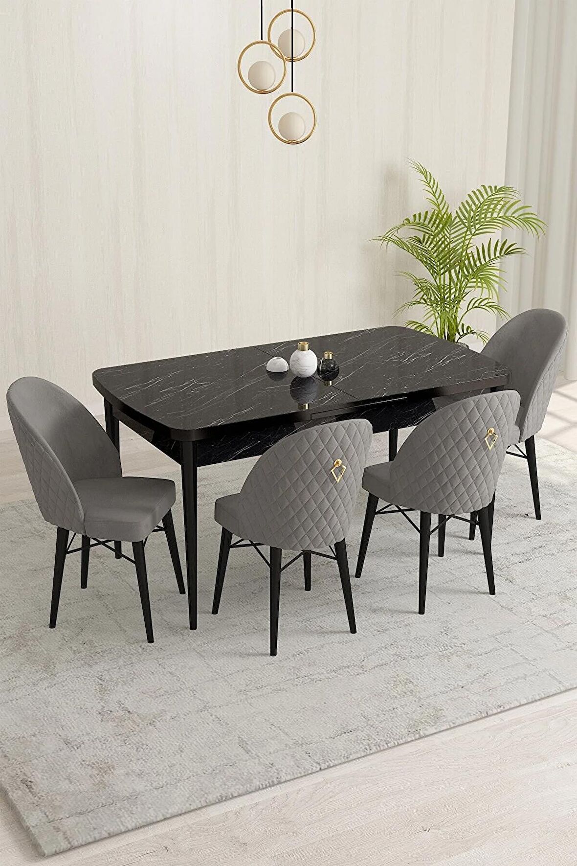 Rovena Olbia Siyah Mermer 80x132 Açılabilir Suntalam Yemek Odası Takımı 4 Adet Sandalye