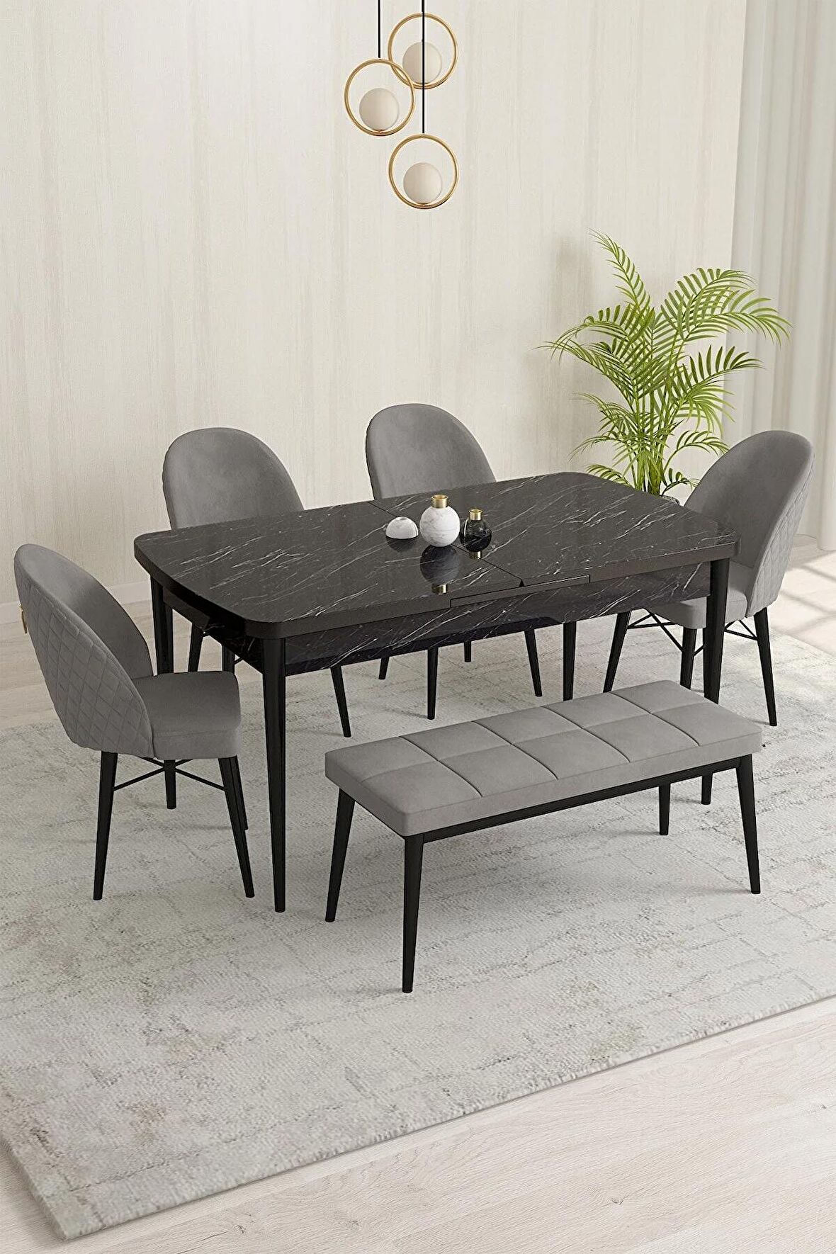 Rovena Olbia Siyah Mermer 80x132 Açılabilir Suntalam Yemek Odası Takımı 4 Adet Sandalye+1 Bench