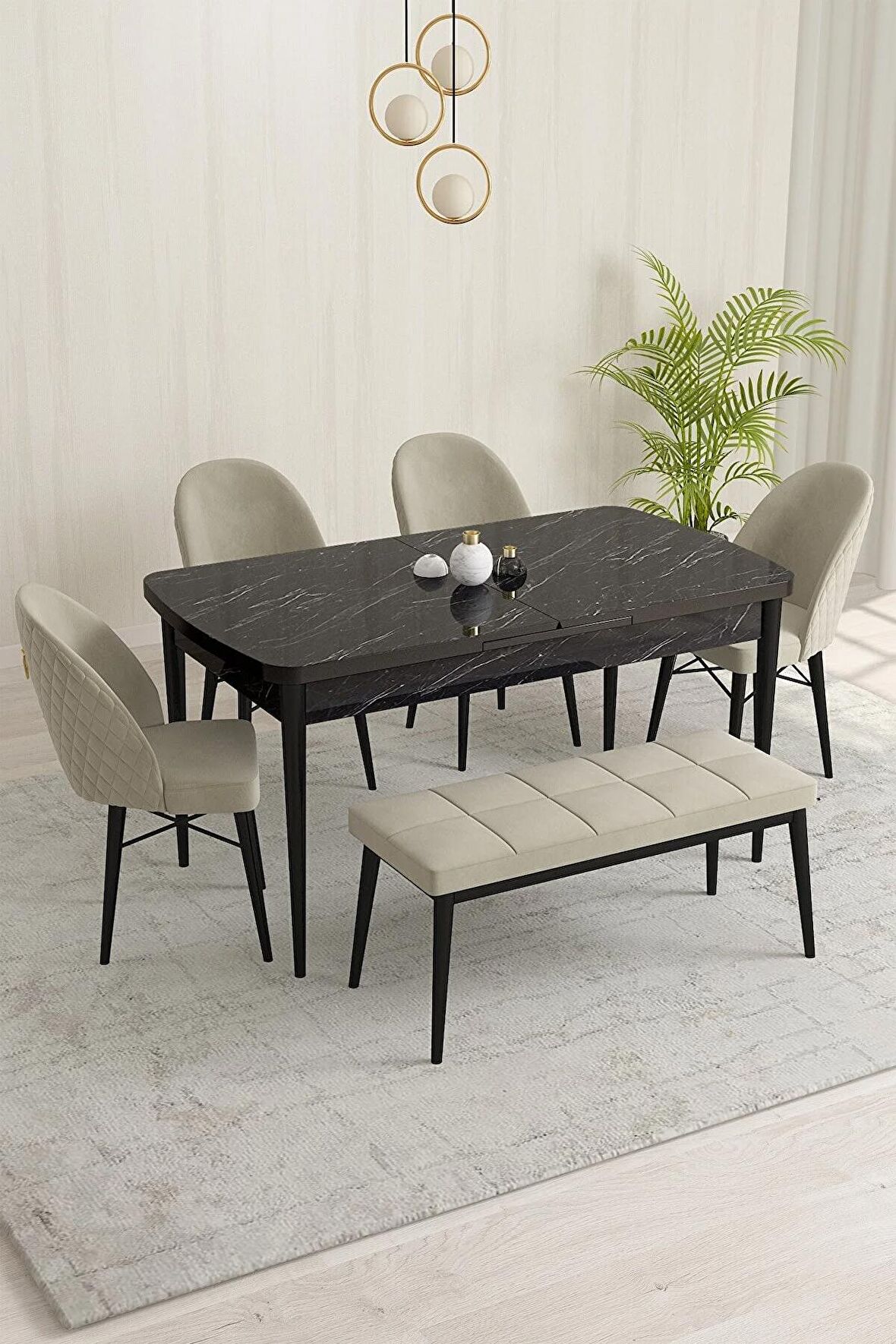 Rovena Olbia Siyah Mermer 80x132 Açılabilir Suntalam Yemek Odası Takımı 4 Adet Sandalye+1 Bench
