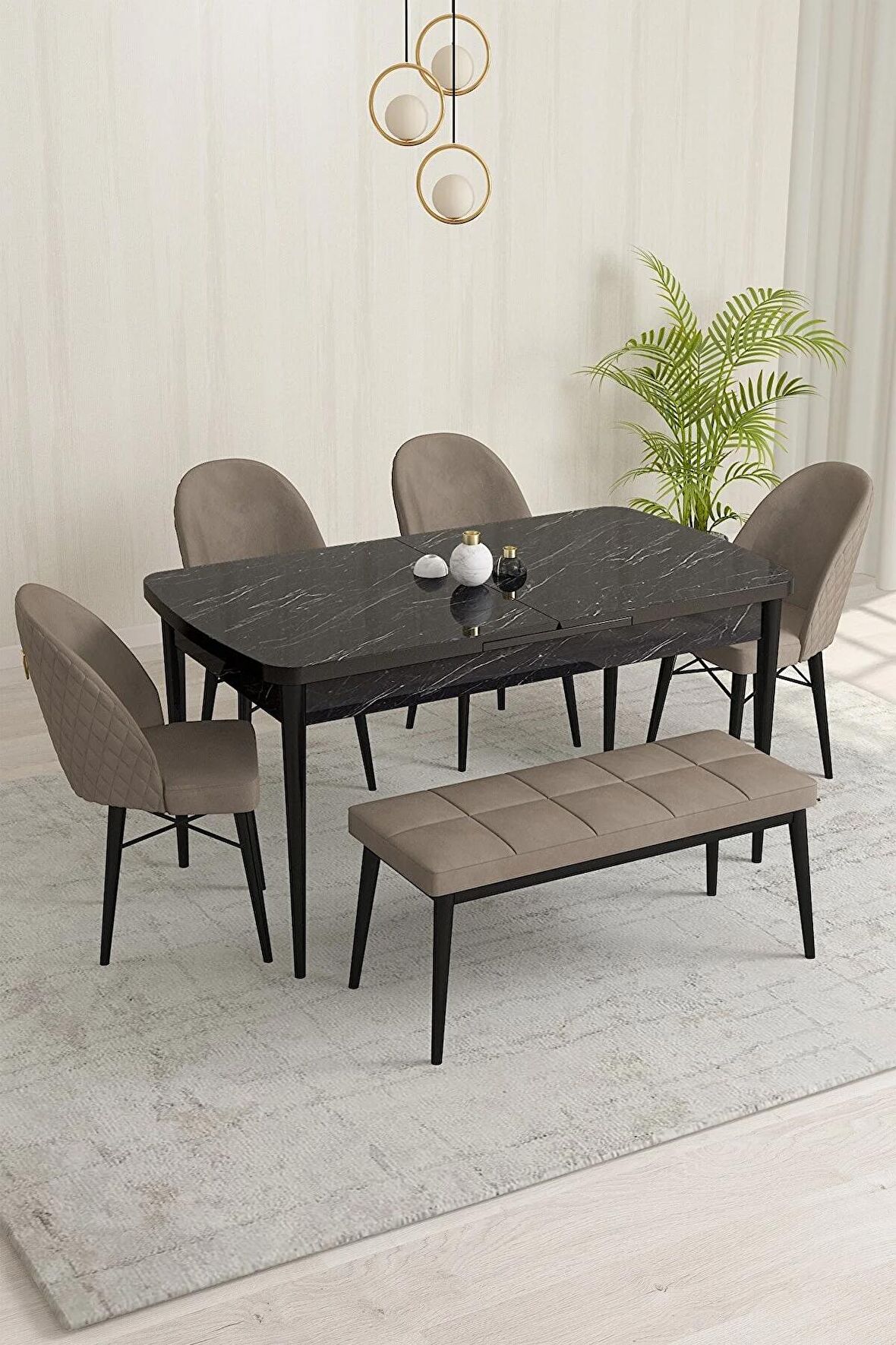 Rovena Olbia Siyah Mermer 80x132 Açılabilir Suntalam Yemek Odası Takımı 4 Adet Sandalye+1 Bench
