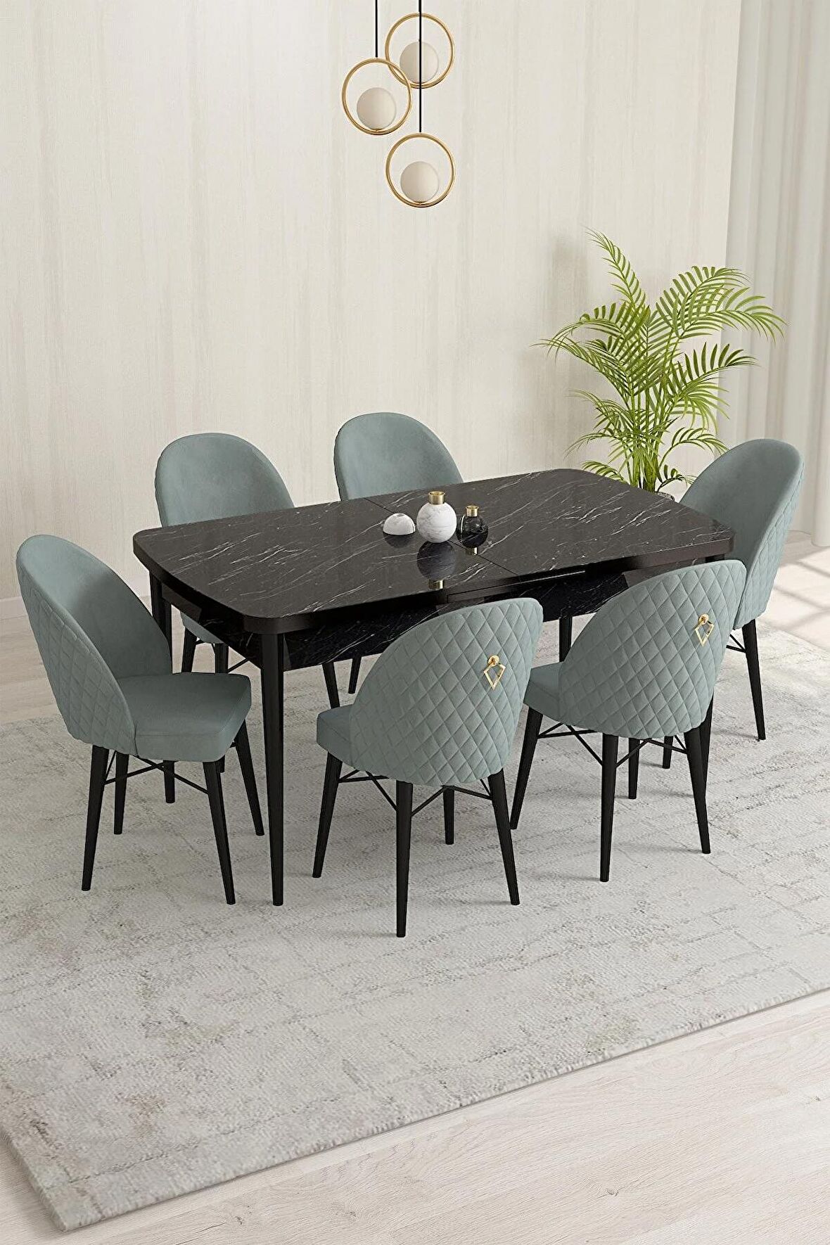 Rovena Olbia Siyah Mermer 80x132 Açılabilir Suntalam Yemek Odası Takımı 6 Adet Sandalye