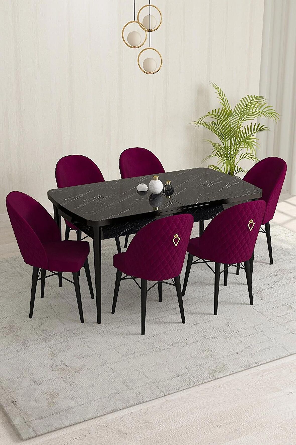 Rovena Olbia Siyah Mermer 80x132 Açılabilir Suntalam Yemek Odası Takımı 6 Adet Sandalye
