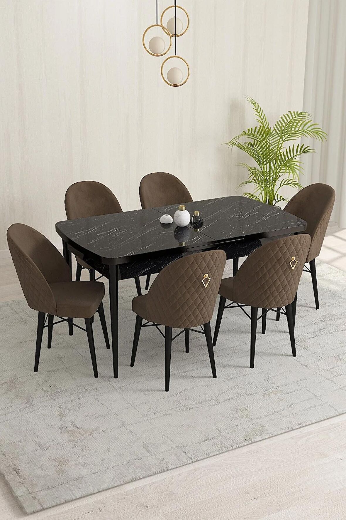 Rovena Olbia Siyah Mermer 80x132 Açılabilir Suntalam Yemek Odası Takımı 6 Adet Sandalye