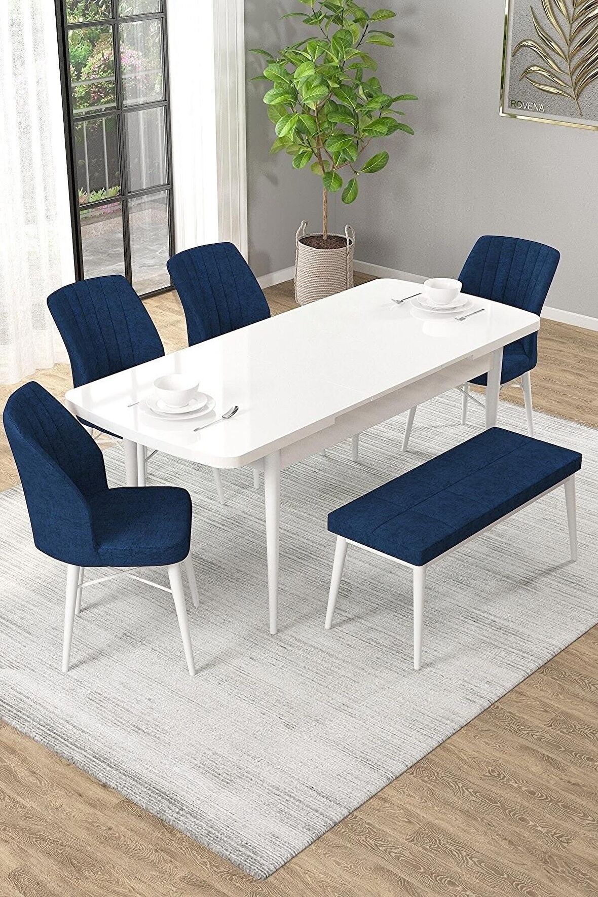 Rovena Novana Beyaz 80x132 Açılabilir Suntalam Yemek Odası Takımı 4 Adet Sandalye + 1 Bench