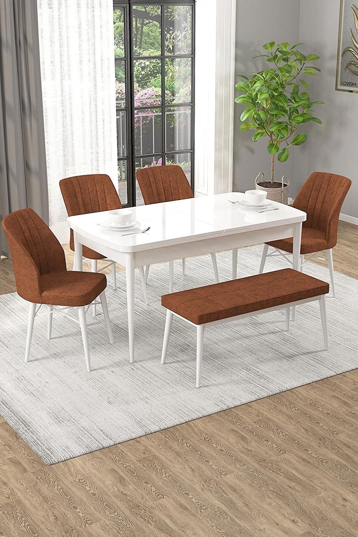 Rovena Novana Beyaz 80x132 Açılabilir Suntalam Yemek Odası Takımı 4 Adet Sandalye + 1 Bench