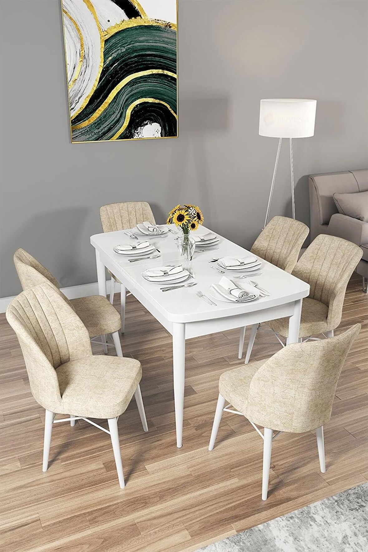 Rovena Novana Beyaz 80x132 Açılabilir Suntalam Yemek Odası Takımı 6 Adet Sandalye