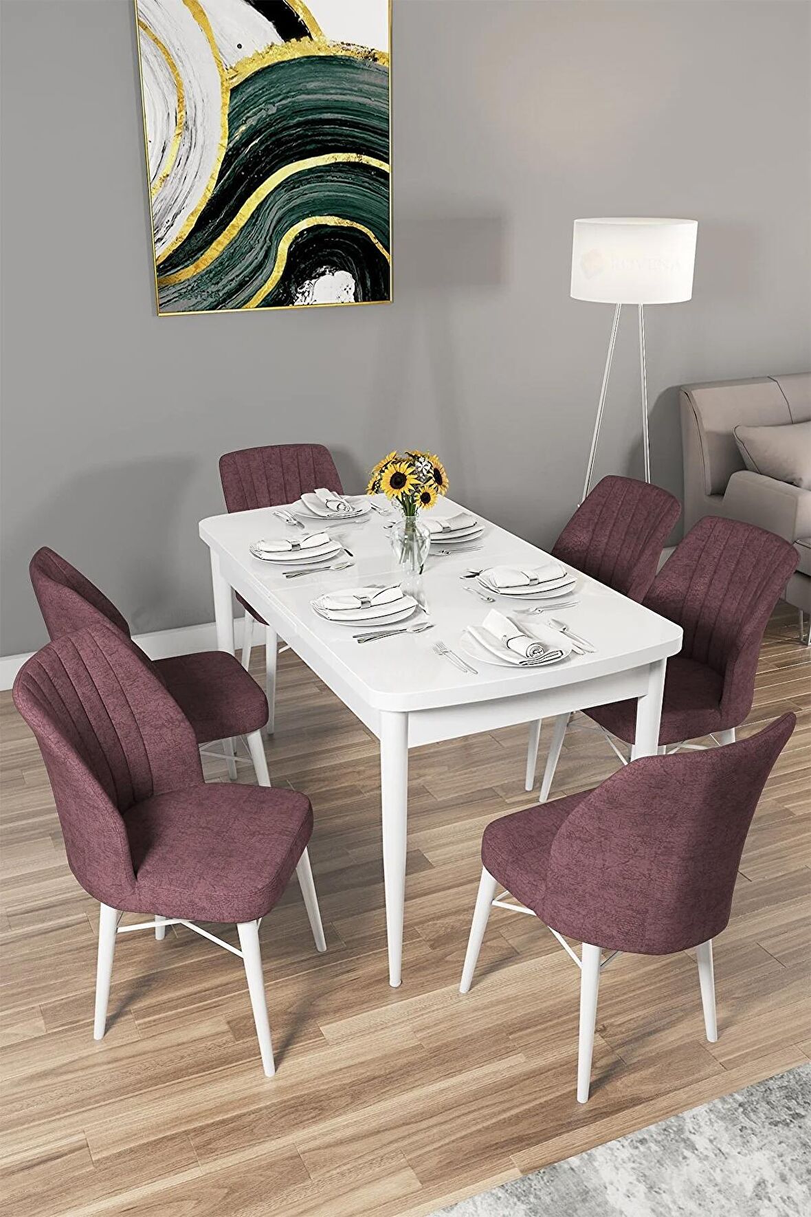Rovena Novana Beyaz 80x132 Açılabilir Suntalam Yemek Odası Takımı 6 Adet Sandalye