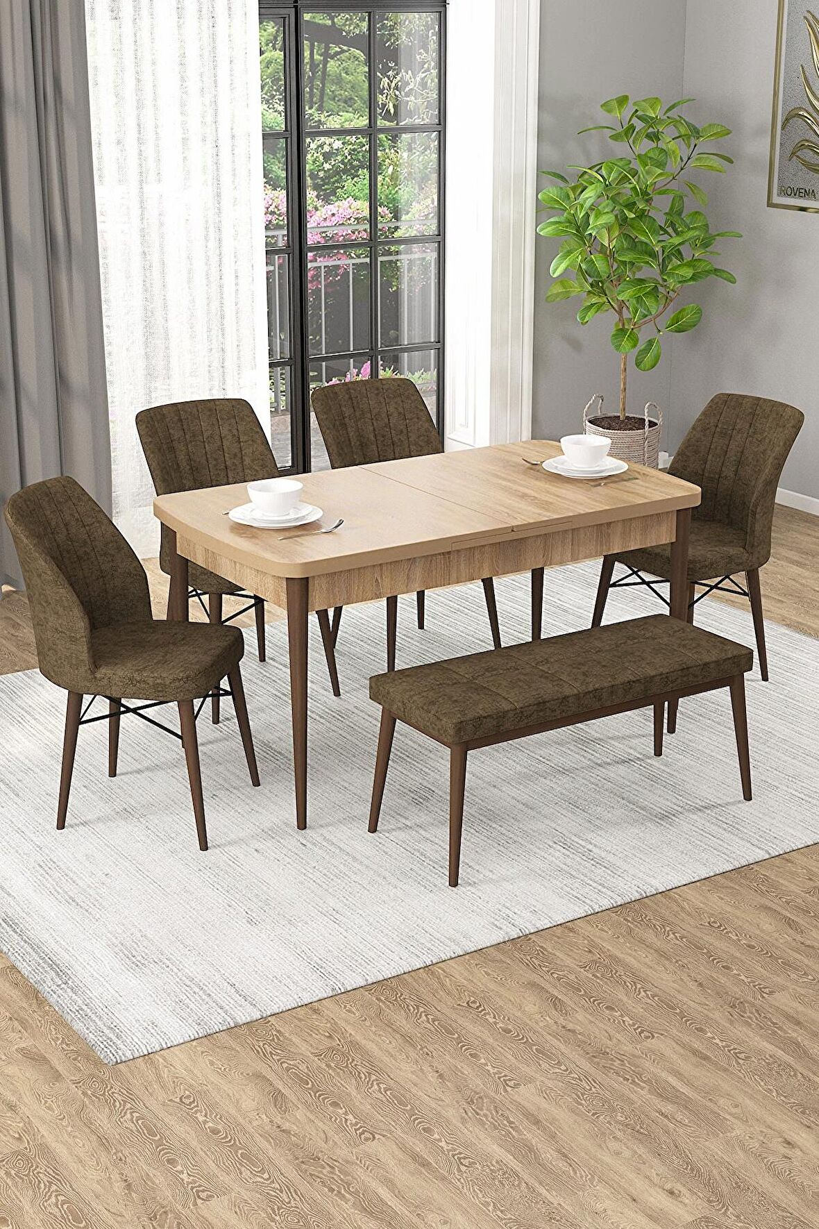 Rovena Novana Meşe 80x132 Açılabilir Suntalam Yemek Odası Takımı 4 Adet Sandalye + 1 Bench