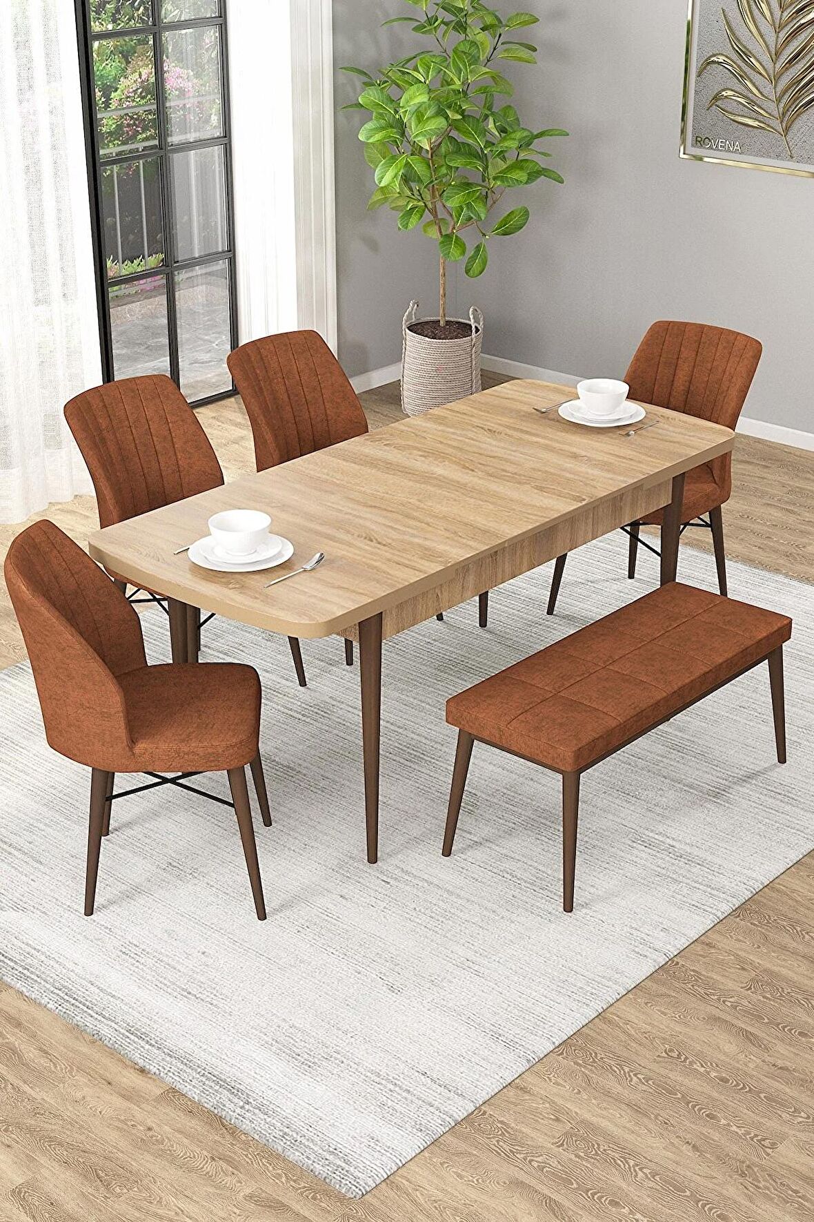 Rovena Novana Meşe 80x132 Açılabilir Suntalam Yemek Odası Takımı 4 Adet Sandalye + 1 Bench