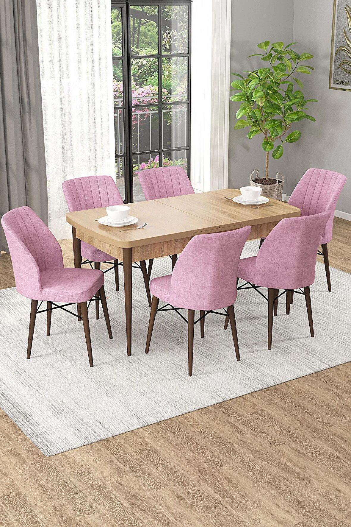 Rovena Novana Meşe 80x132 Açılabilir Suntalam Yemek Odası Takımı 6 Adet Sandalye