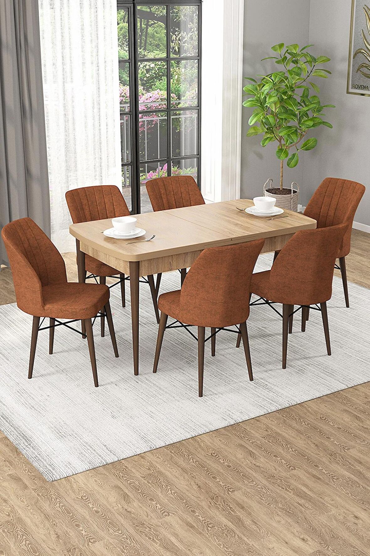 Rovena Novana Meşe 80x132 Açılabilir Suntalam Yemek Odası Takımı 6 Adet Sandalye