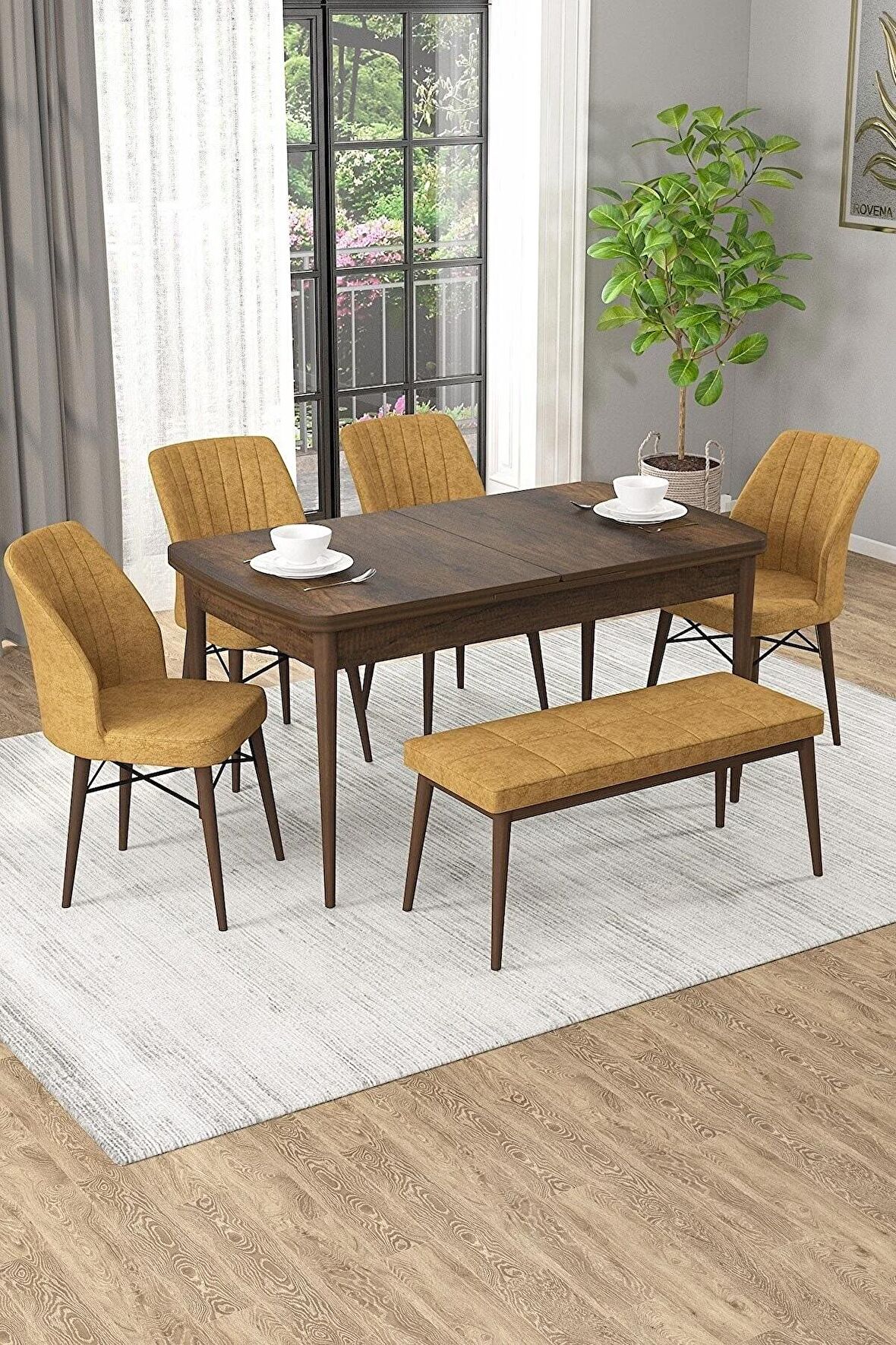 Rovena Novana Barok 80x132 Açılabilir Suntalam Yemek Odası Takımı 4 Adet Sandalye + 1 Bench