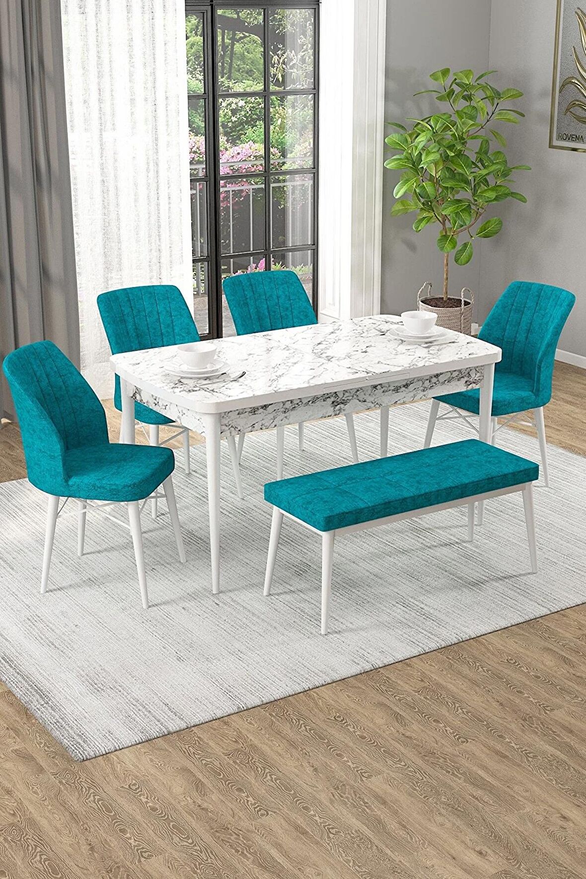Rovena Novana Beyaz Mermer 80x132 Açılabilir Suntalam Yemek Odası Takımı 4 Adet Sandalye + 1 Bench