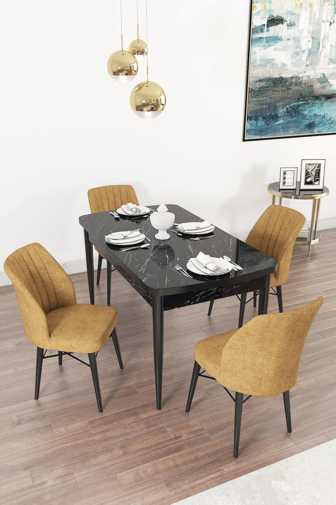 Rovena Novana Siyah Mermer 80x132 Açılabilir Suntalam Yemek Odası Takımı 4 Adet Sandalye