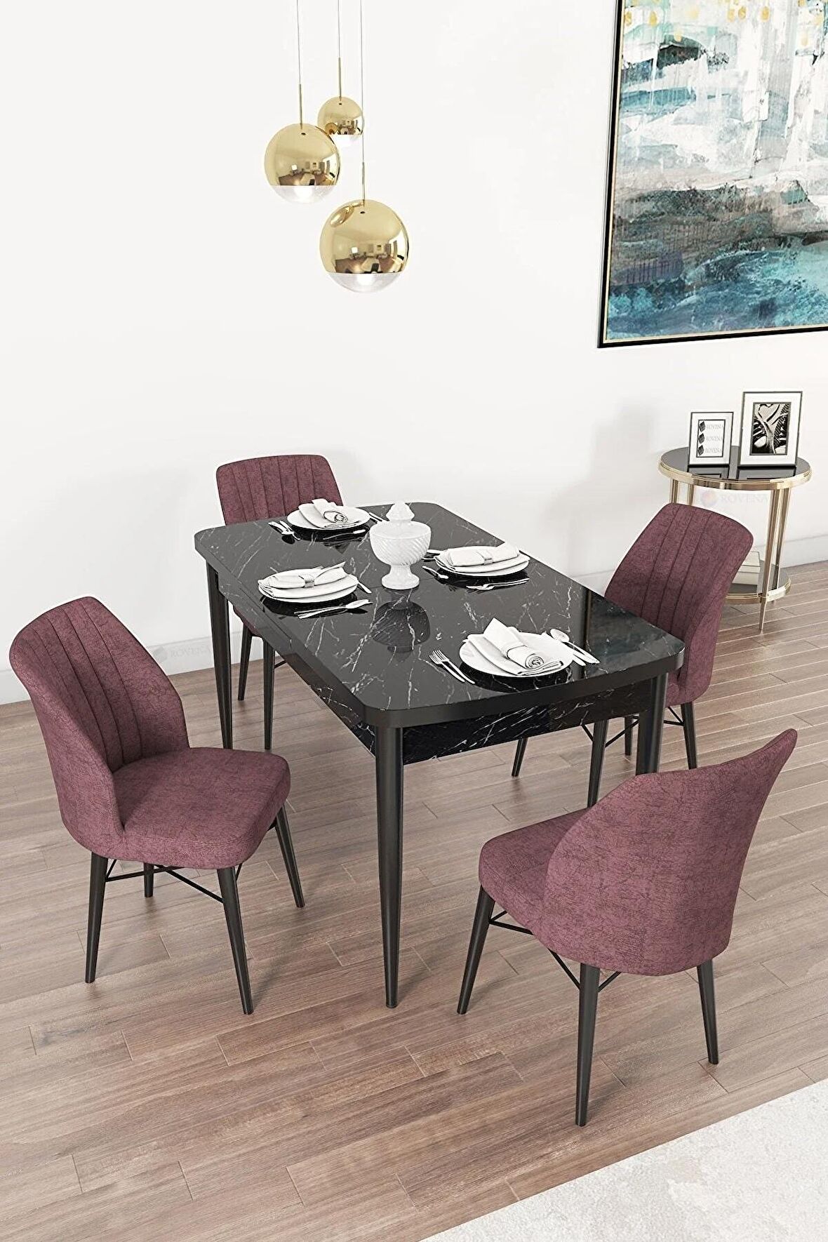 Rovena Novana Siyah Mermer 80x132 Açılabilir Suntalam Yemek Odası Takımı 4 Adet Sandalye