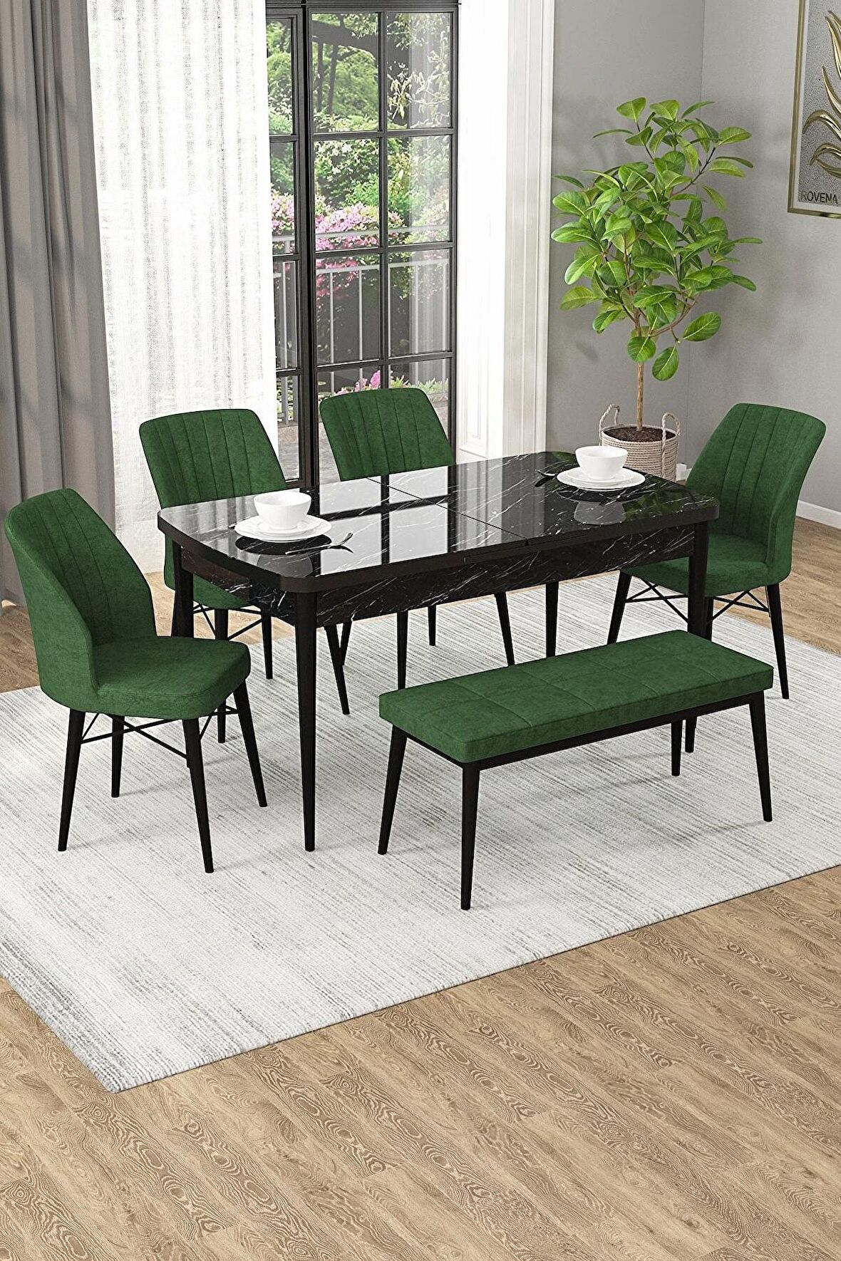 Rovena Novana Siyah Mermer 80x132 Açılabilir Suntalam Yemek Odası Takımı 4 Adet Sandalye + 1 Bench
