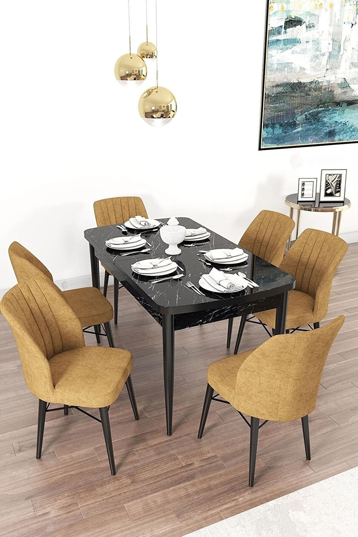 Rovena Novana Siyah Mermer 80x132 Açılabilir Suntalam Yemek Odası Takımı 6 Adet Sandalye