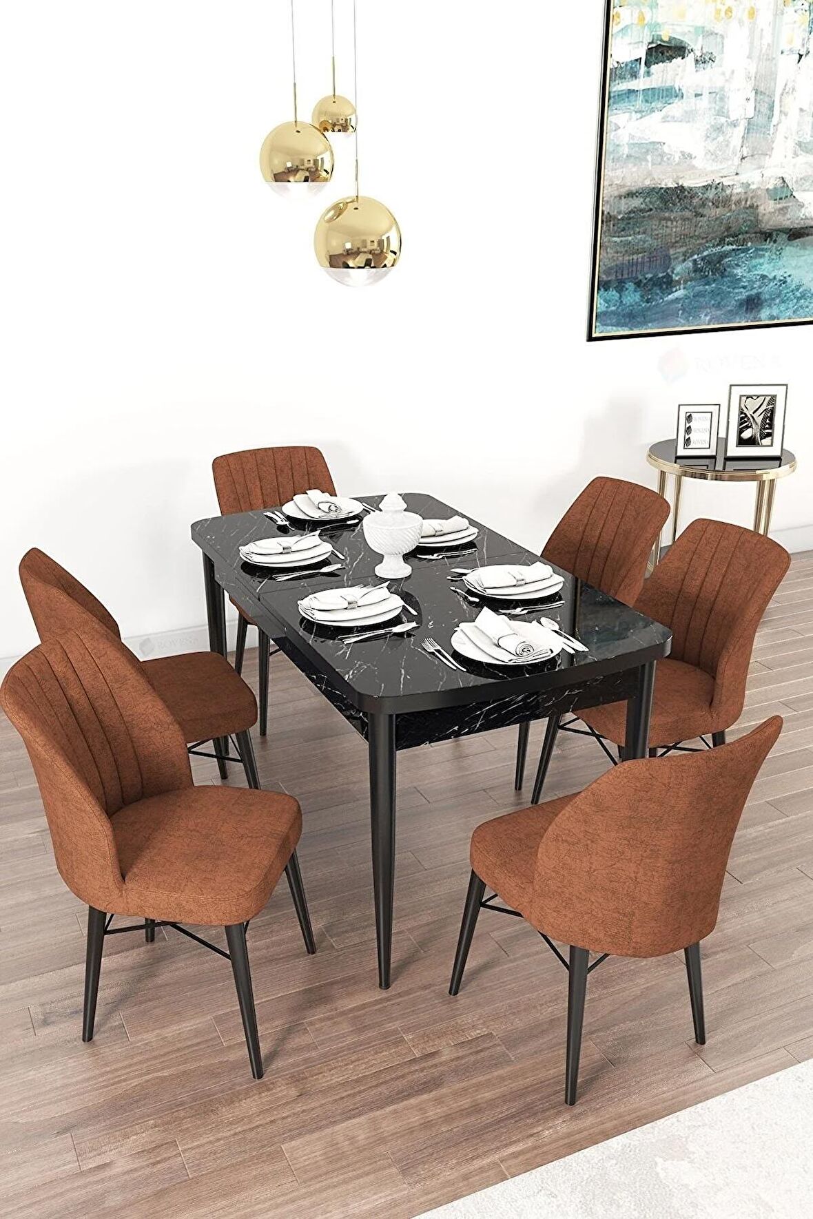 Rovena Novana Siyah Mermer 80x132 Açılabilir Suntalam Yemek Odası Takımı 6 Adet Sandalye