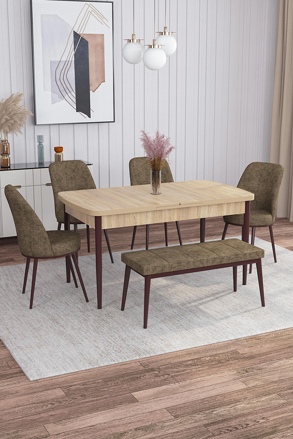Rovena Marin Meşe 80x132 Açılabilir Suntalam Yemek Odası Takımı 4 Adet Sandalye + 1 Bench