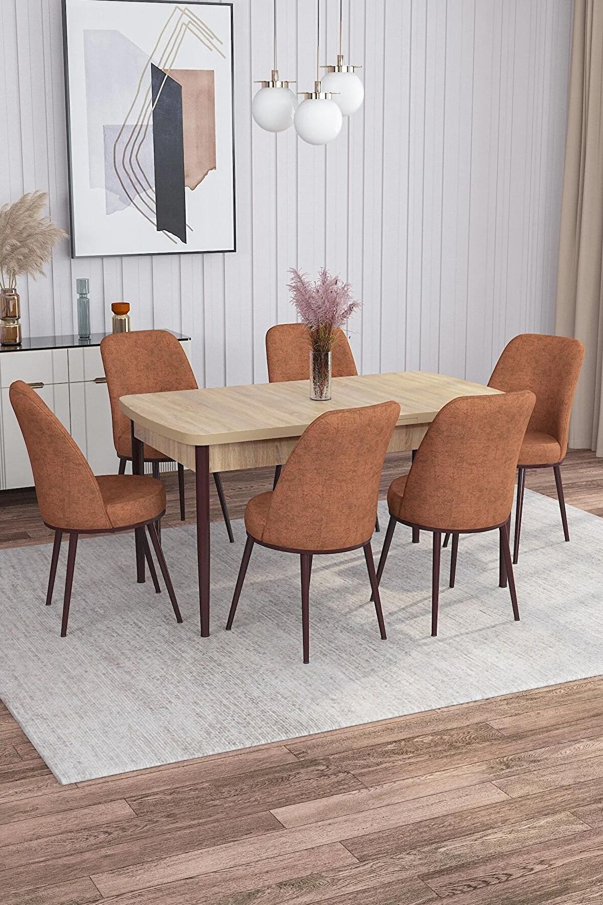 Rovena Marin Meşe 80x132 Açılabilir Suntalam Yemek Odası Takımı 6 Adet Sandalye