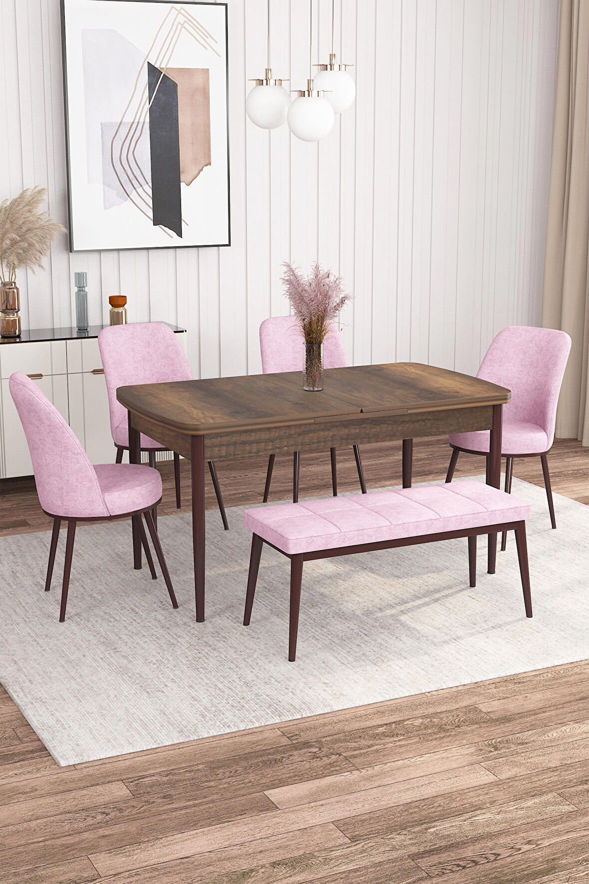 Rovena Marin Barok 80x132 Açılabilir Suntalam Yemek Odası Takımı 4 Adet Sandalye + 1 Bench