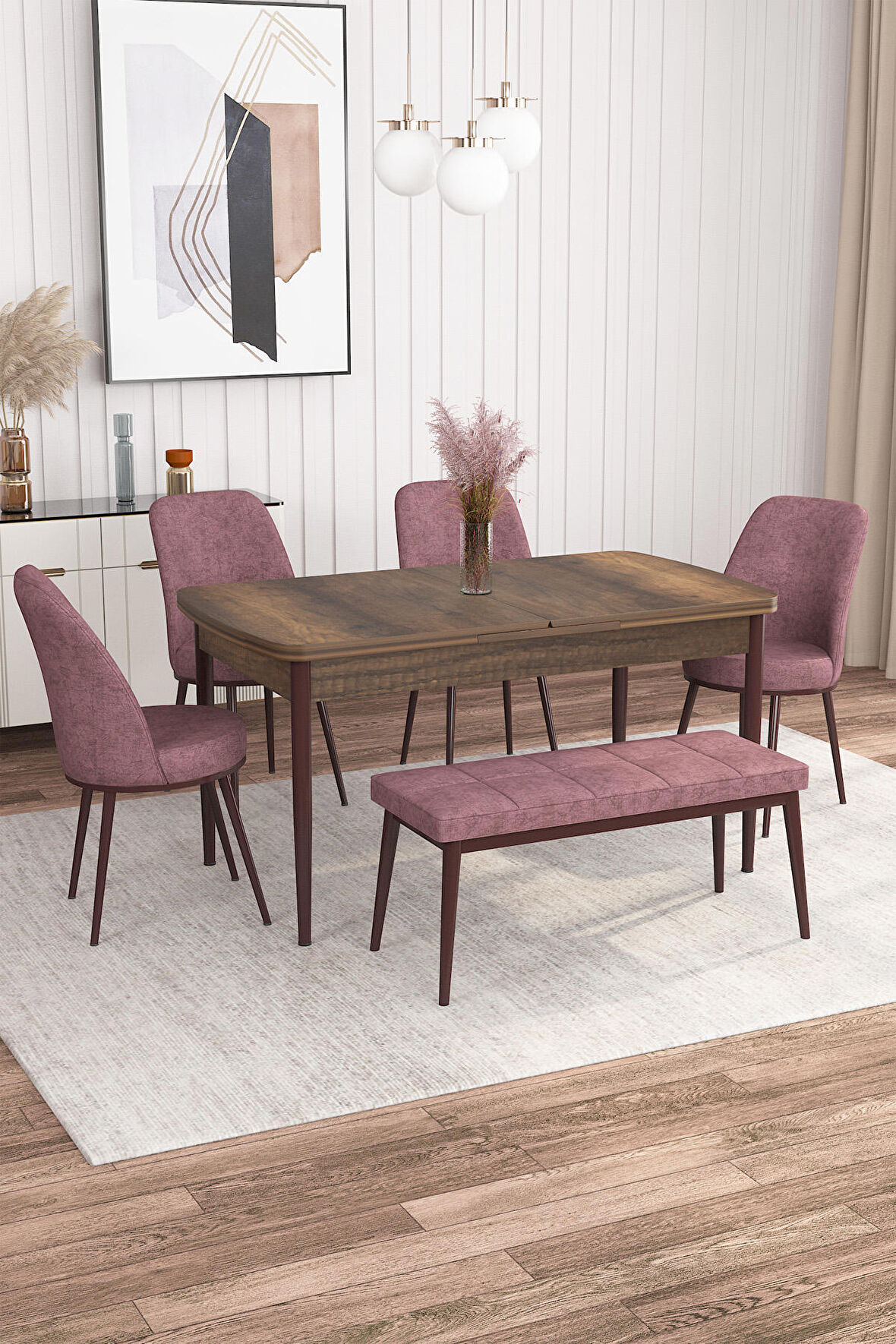 Rovena Marin Barok 80x132 Açılabilir Suntalam Yemek Odası Takımı 4 Adet Sandalye + 1 Bench