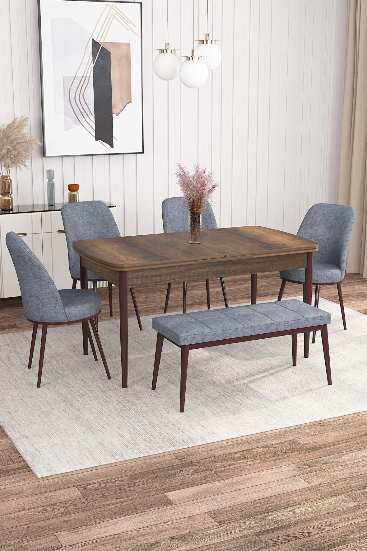 Rovena Marin Barok 80x132 Açılabilir Suntalam Yemek Odası Takımı 4 Adet Sandalye + 1 Bench