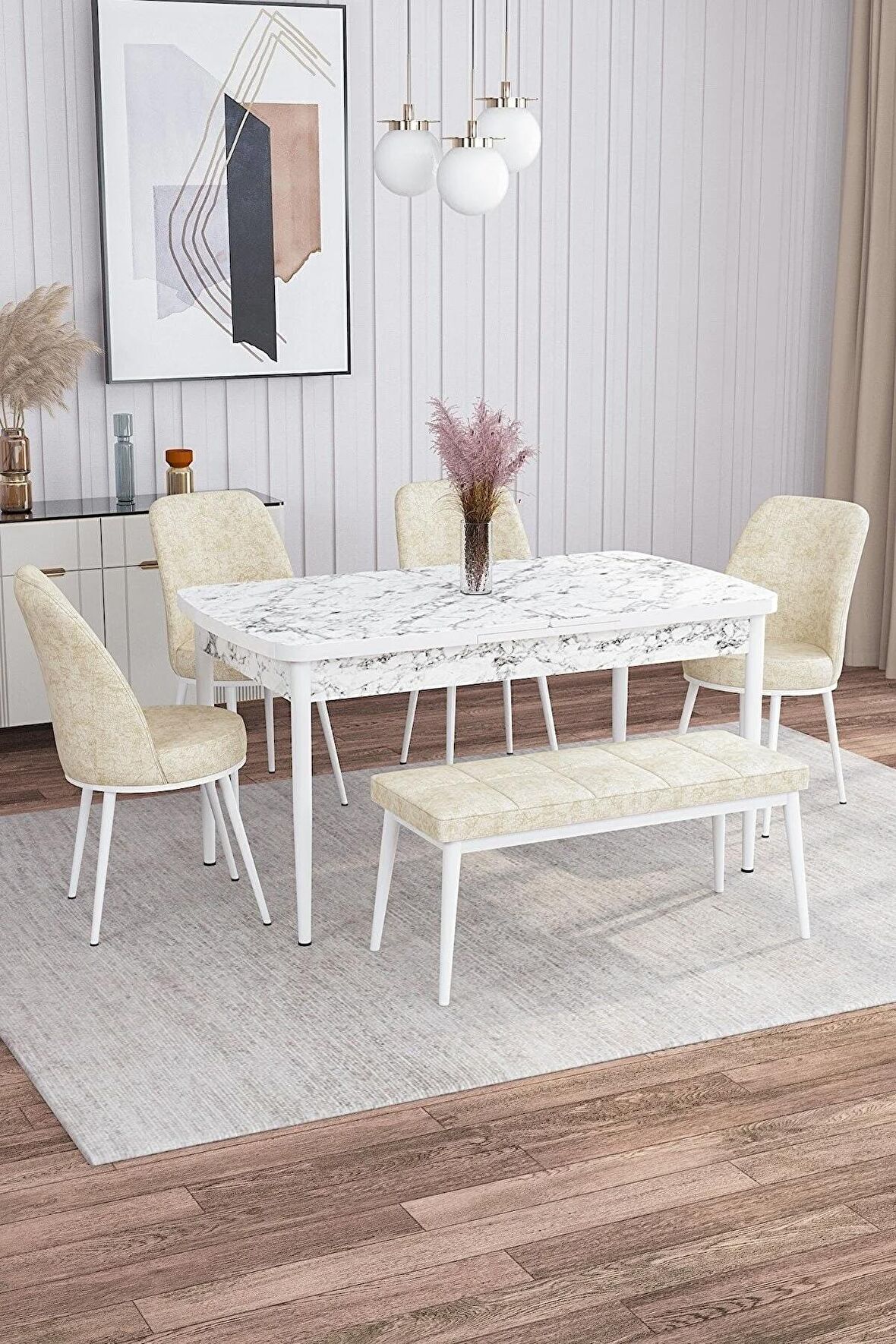 Rovena Marin Beyaz Mermer 80x132 Açılabilir Suntalam Yemek Odası Takımı 4 Adet Sandalye + 1 Bench
