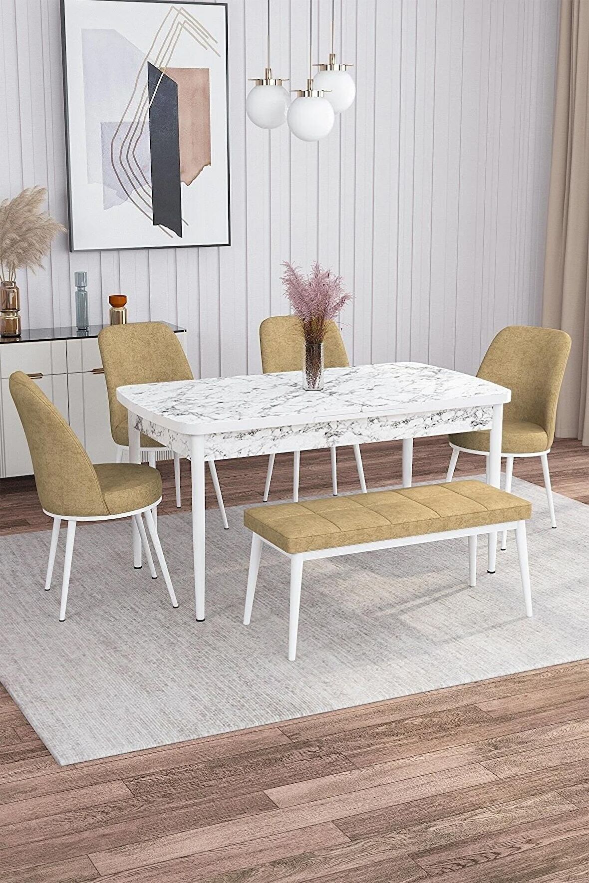 Rovena Marin Beyaz Mermer 80x132 Açılabilir Suntalam Yemek Odası Takımı 4 Adet Sandalye + 1 Bench
