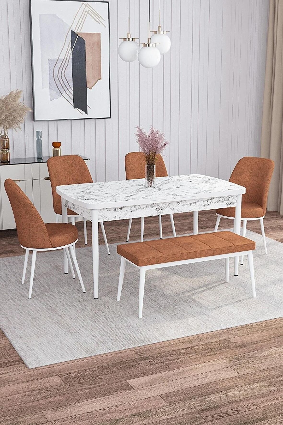 Rovena Marin Beyaz Mermer 80x132 Açılabilir Suntalam Yemek Odası Takımı 4 Adet Sandalye + 1 Bench